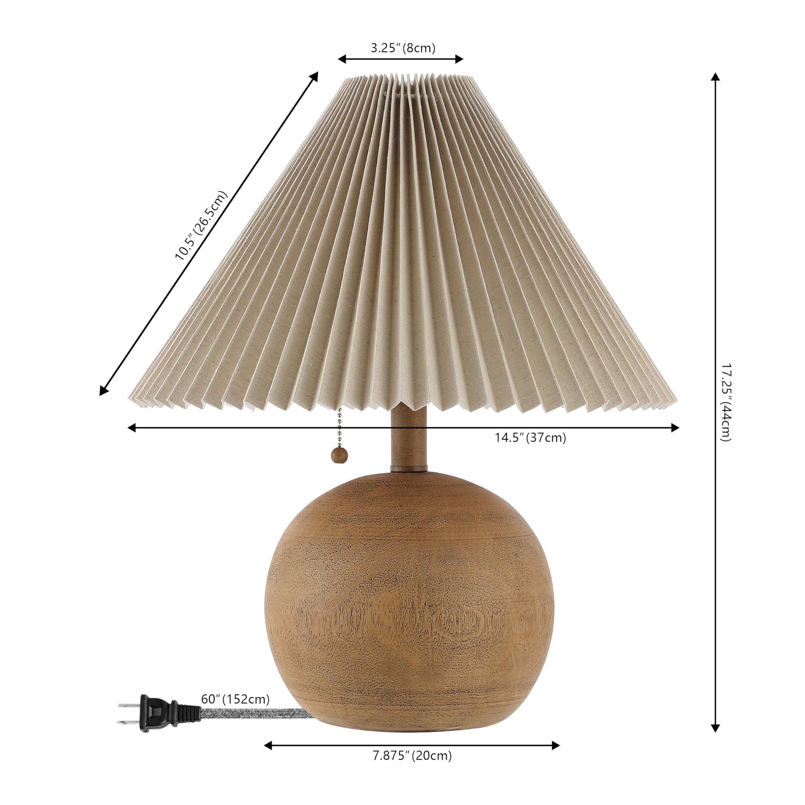 Jonathan Y Jyl1145A Aksel 17.25" Coastal Scandinavian Resin/Iron Sphere Led Table Lamp With Pleated Shade And Pull Chain, Brown Wood Finish/Beige, For Entry Console, Bedroom, Living Room