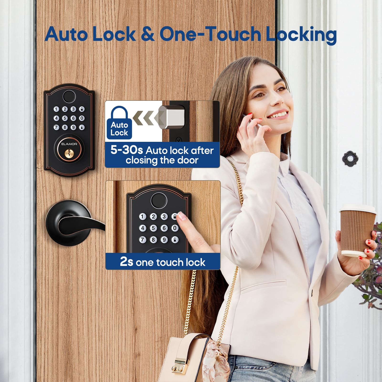 Elamor M19 Fingerprint Door Lock With 2 Lever Handles, Keyless Entry Door Lock, Automatic Locking, Easy To Install, Electronic Keypad Deadbolt With Code, Front Deadbolt Handle Sets, Oil Rubbed Bronze