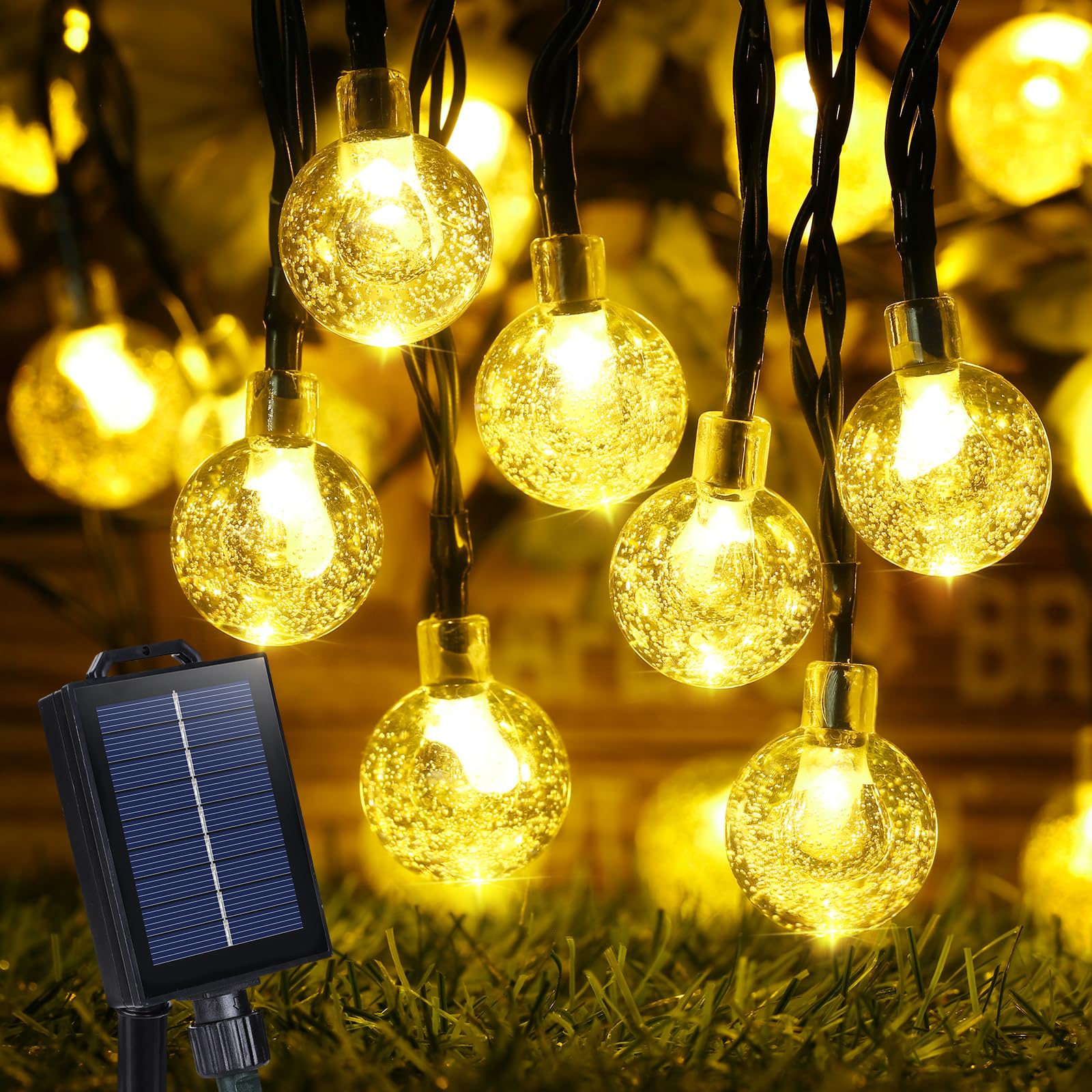 Joomer Solar Powered String Lights Waterproof,39Ft 60 Led Outdoor Solar String Lights Crystal Ball Lights 8 Modes Solar Globe Lights For Garden, Gazebo, Porch, Lawn, Patio, Tree Decor (Warm White)