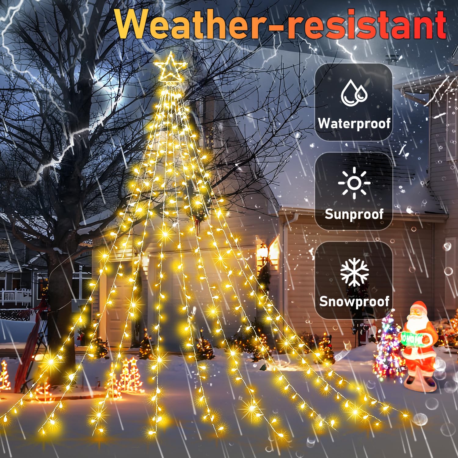 Xurisen Outdoor Christmas Decorations Star Light,11.8 Ft 337 Led Waterfall Tree Lights With Topper Star String Lights Plug In, 8 Modes Christmas Lights For Party Home Holiday Decor(Warm White)