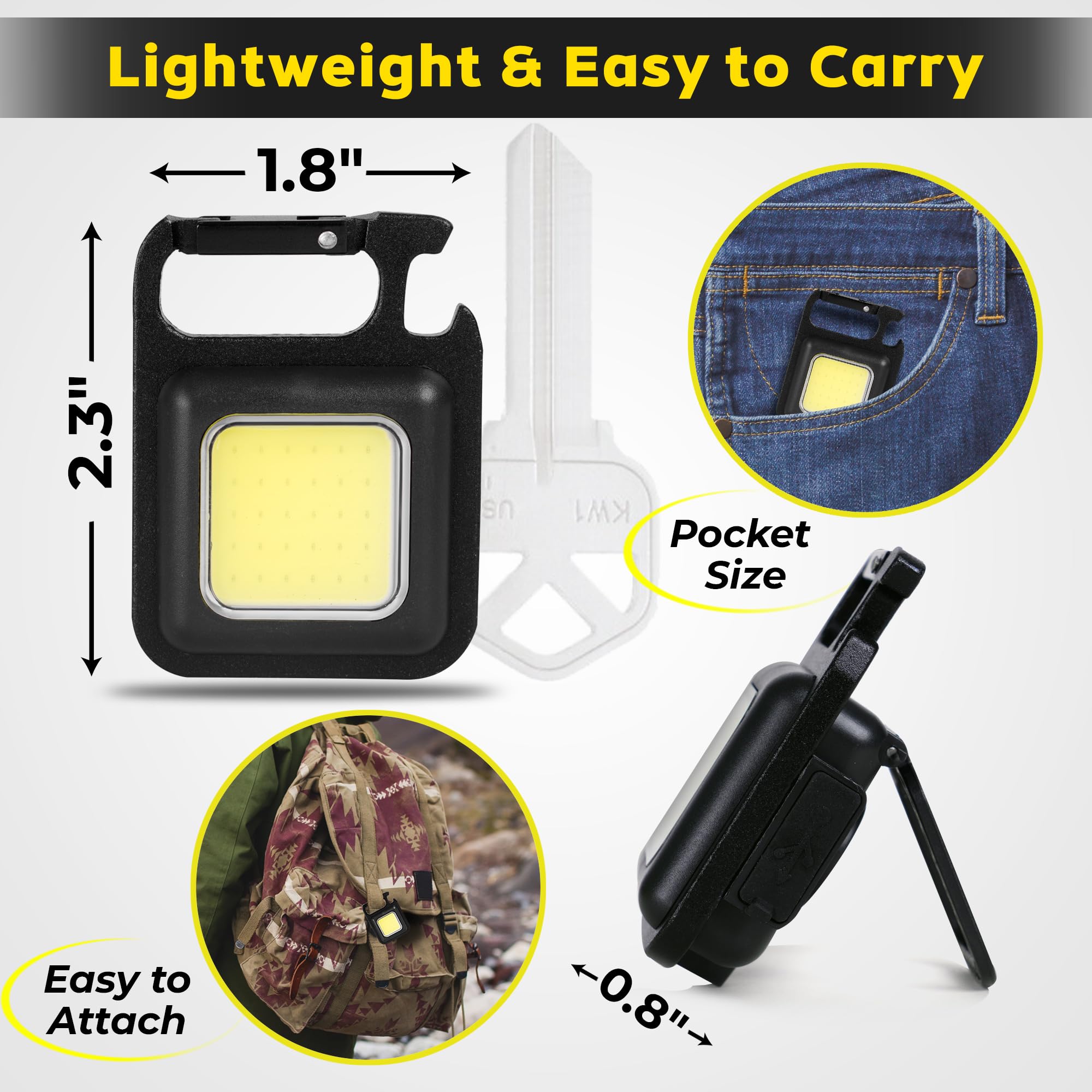 Munchy Gator Cob Keychain Flashlight  Mini Rechargeable Work Light  4 Brightness Modes  Usb-C Charging  Magnetic Base Folding Bracket  Emergency Light, Everyday Carry, Fishing, Outdoors  2-Pack