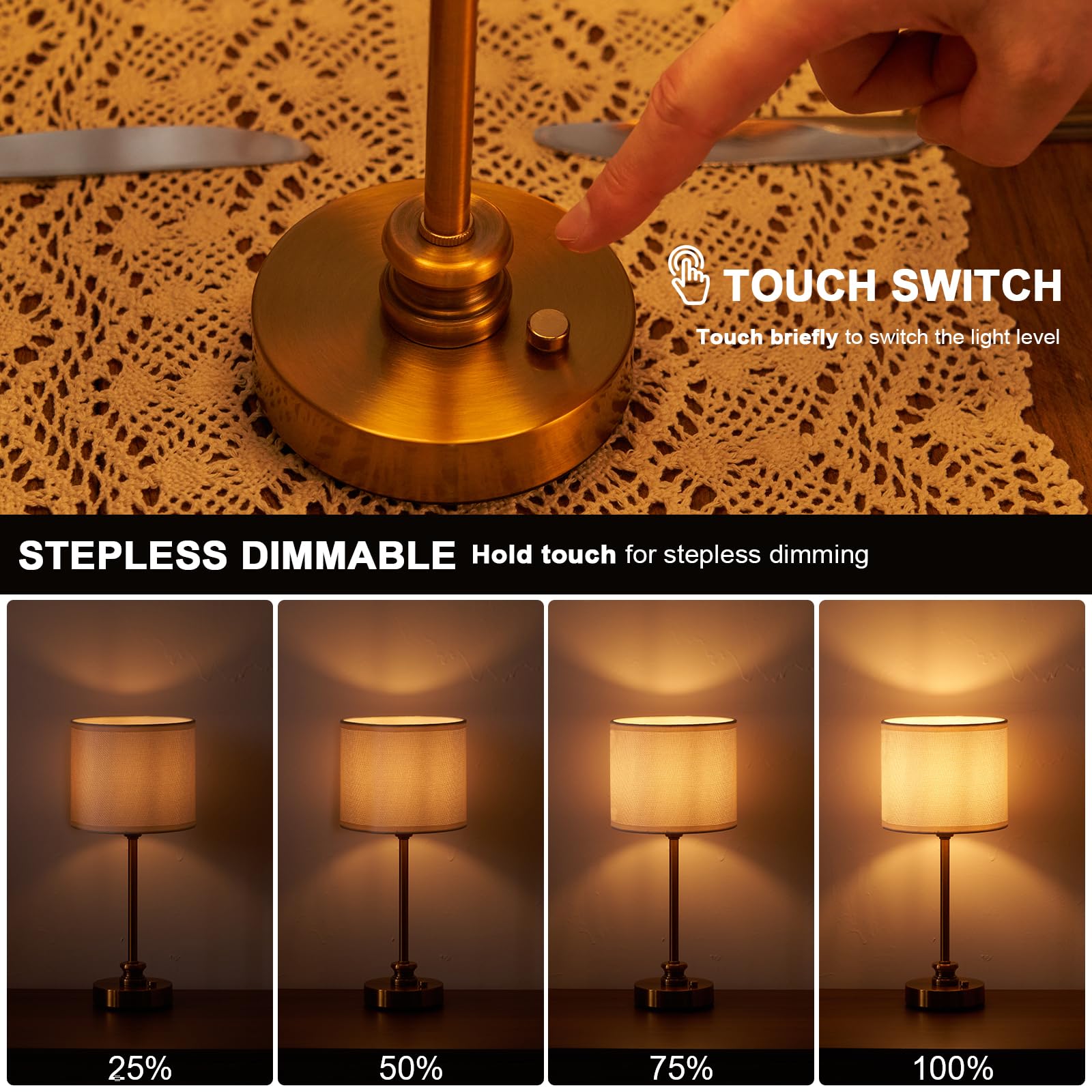 Intelive 2 Pack Cordless Led Table Lamps, 5200Mah Rechargeable Battery Operated Lamp, Dimmable Small Touch Nightstand Light Portable Lamp For Side/Restaurant/Patio, Antique Brass