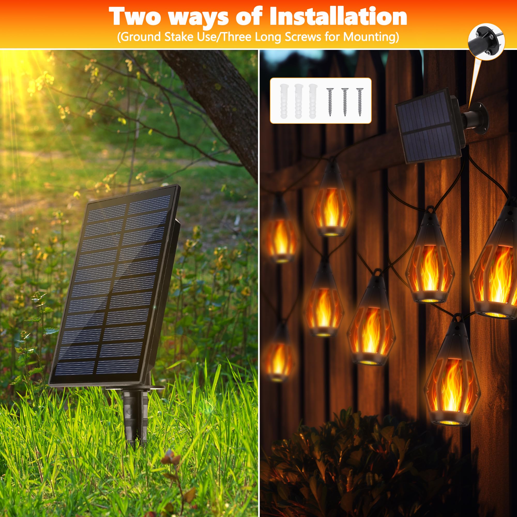 Flacchi Solar Flame String Lights - 48Ft 15 Led Lights Outdoor Solar String Lights For Garden Patio Decoration