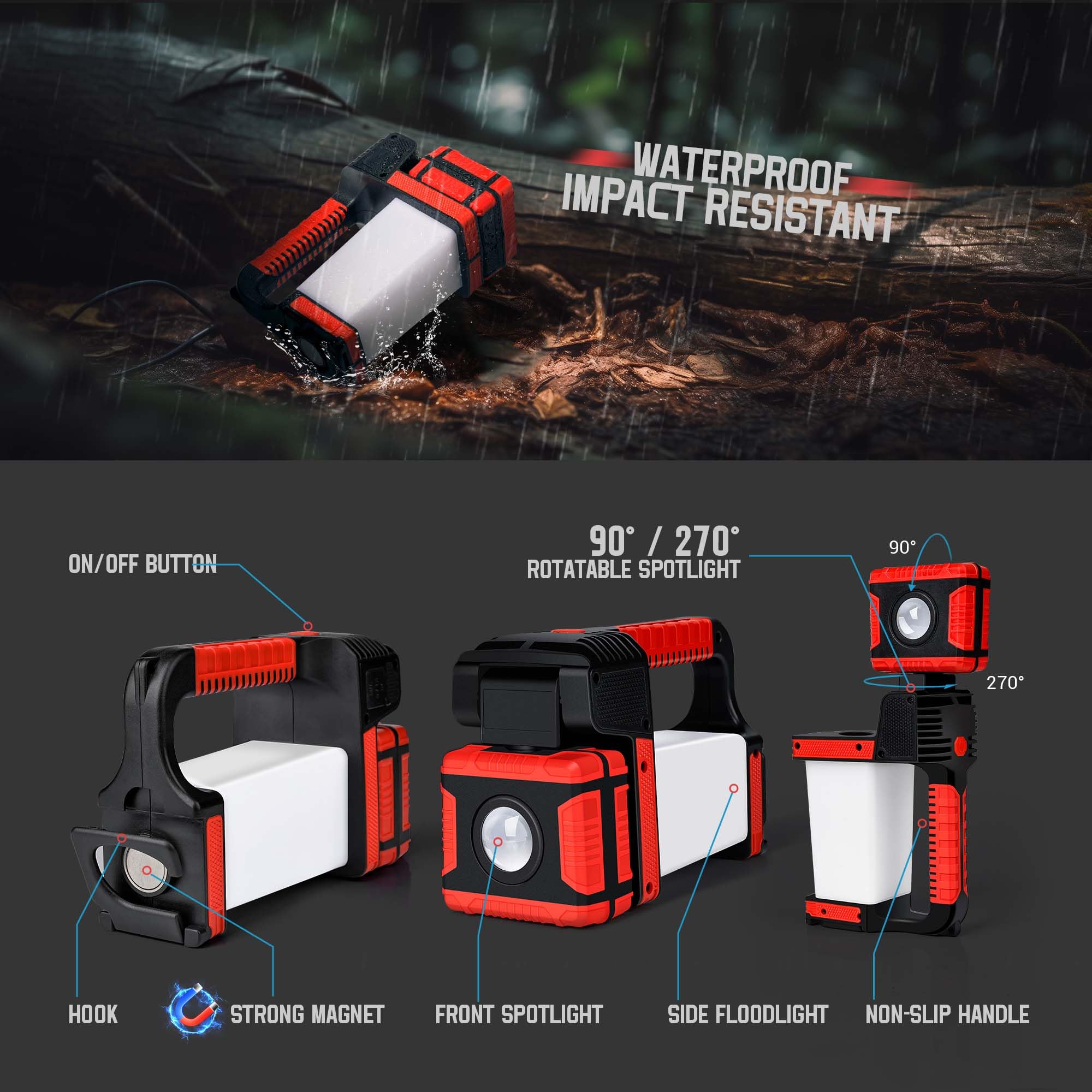 Clakap Rechargeable Spotlight, 2000Lumens 270°Rotatable Handheld Led Flashlight Spotlight, Long Lasting Searchlight With Floodlamp, Portable Charger Lantern Flashlight For Farm, Camping, Boat