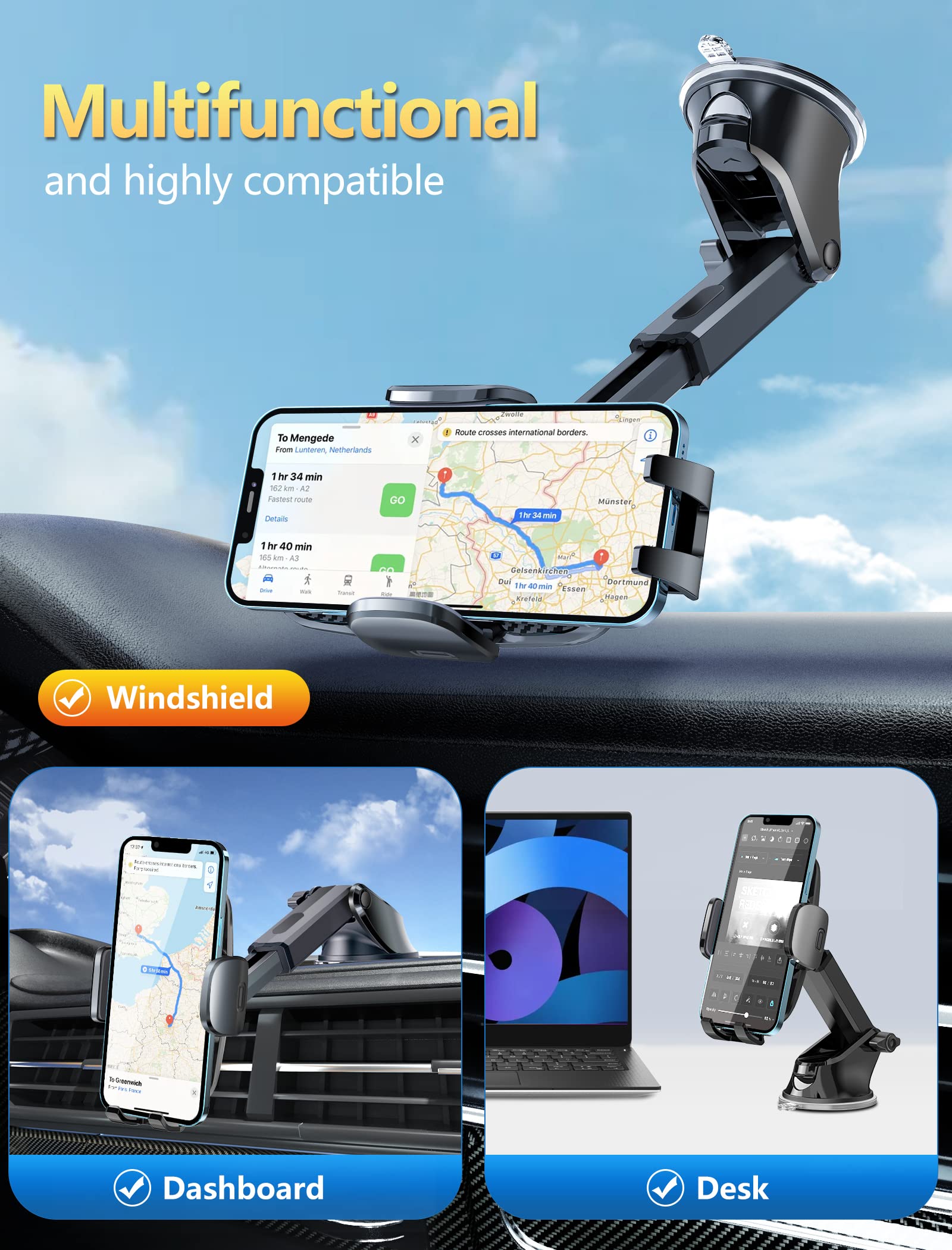Tsryrlr Phone Holder Mount For Car [Strong Suction] Hands- Universal Cell Phone Mounts For Dashboard/Windshield, 360° Rotation Extendable Mobile Car Holder For Smartphones