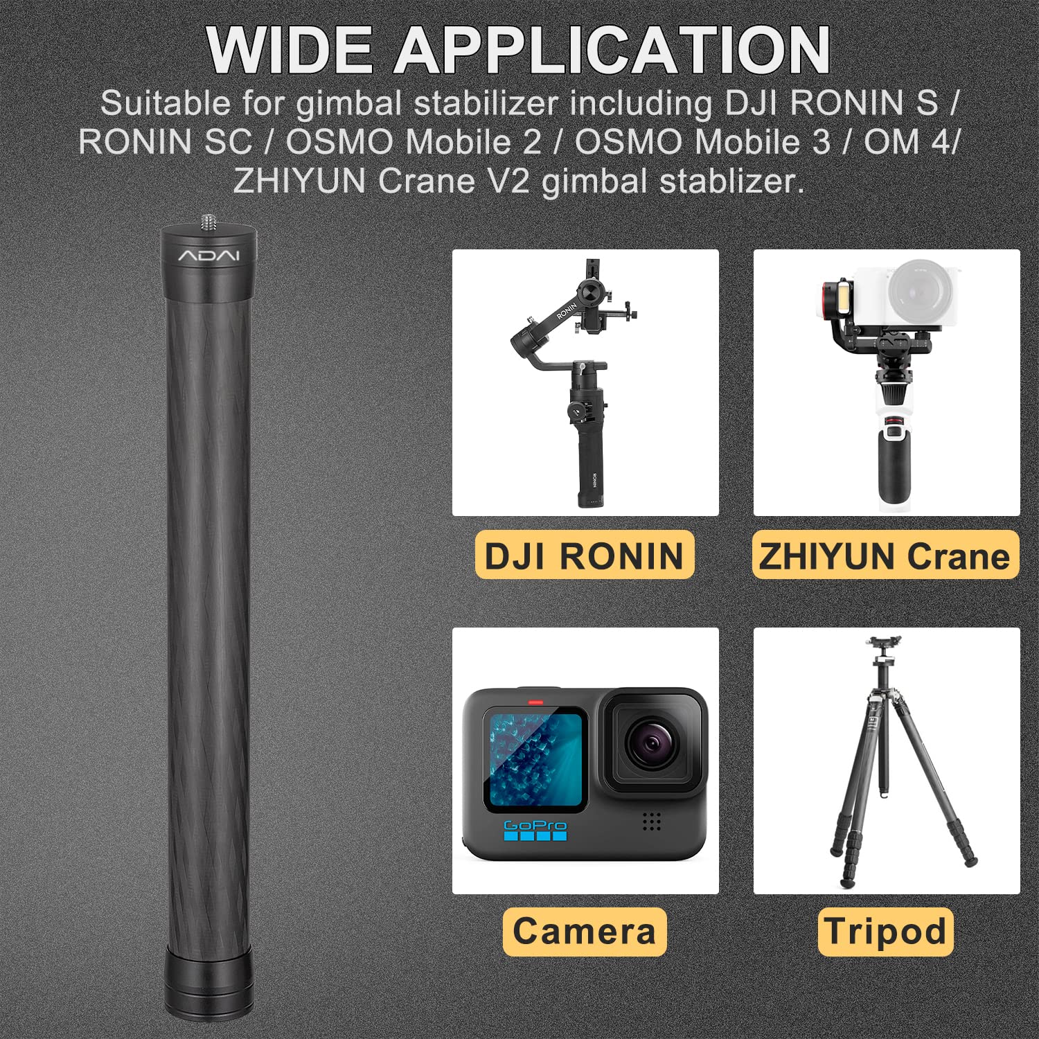 Adai Gimbal Extension Pole Carbon Fiber Tripod Extension Bar 1/4" Thread Universal Rod Compatible For Dji Ronin S Stabilizer/Gopro/Zhiyun/Camera