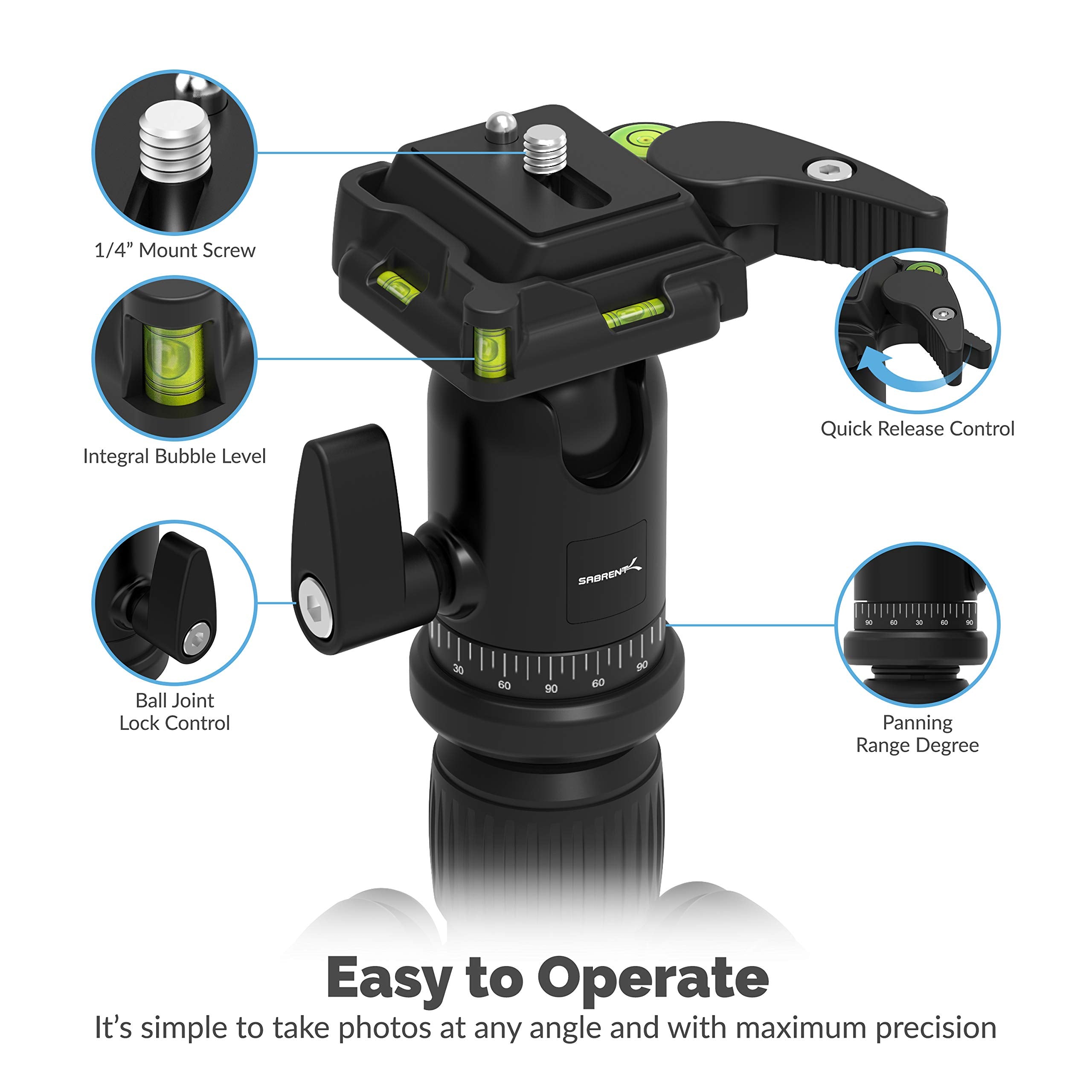 Sabrent 56 Inch Aluminum Tripod With 360 Degree Full Motion Camera Mount, Compact Version (Tp-Alb6)