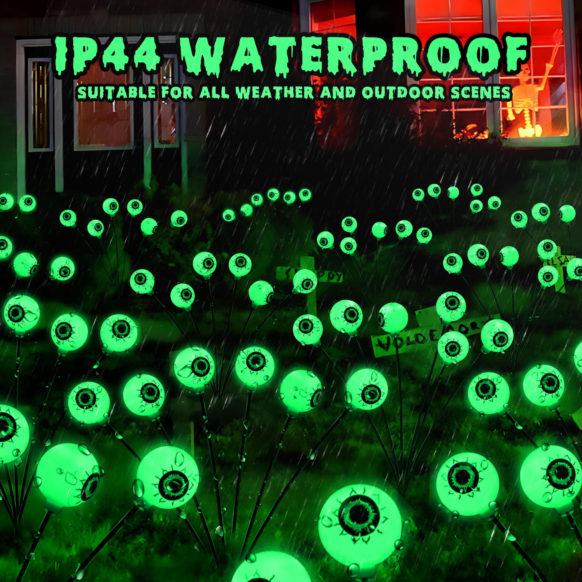 Brizlabs Solar Halloween Eyeball Lights, 2 Pack 12 Led With 2 Modes, Outdoor Swaying Eye Firefly Pathway Lights, Green For Path Yard Garden Lawn