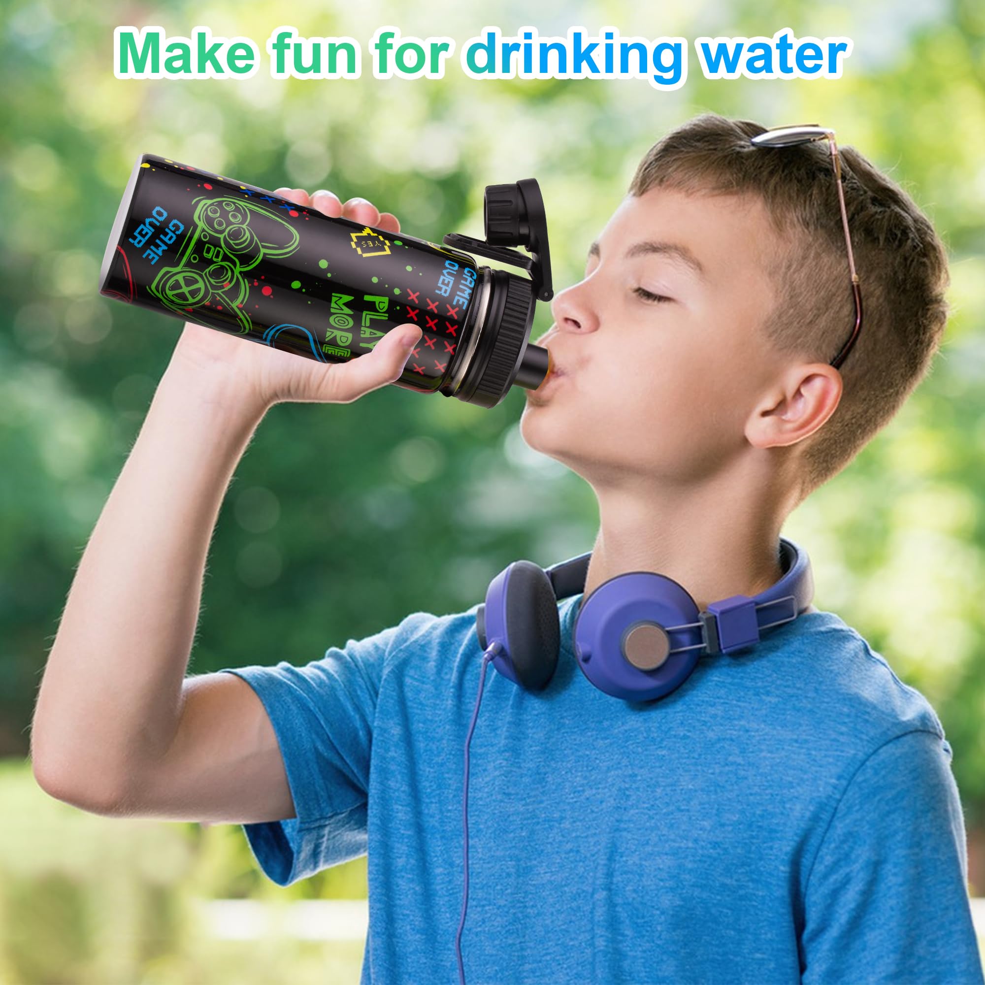 18Oz Insulated Water Bottle With Straw Lid & Spout Lid, Game Controller, For Kids Boys Girls