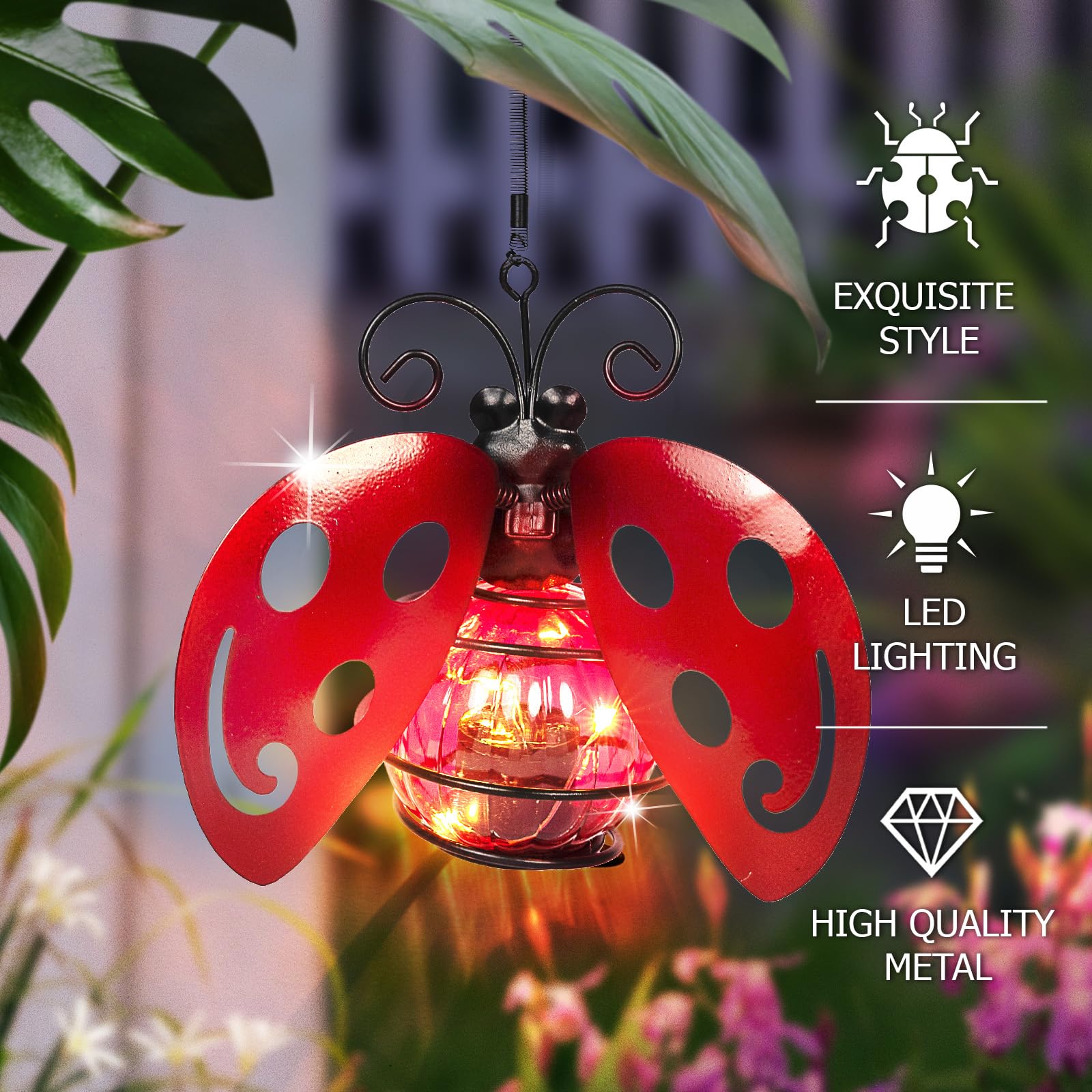 Vbioa Solar Hanging Ladybug Lights Led Waterproof Powered Outdoor Garden Decor Light Unique Decorations For Sister Birthday Gardening  For Mom Women Yard Path Front Porch Balcony Backyard