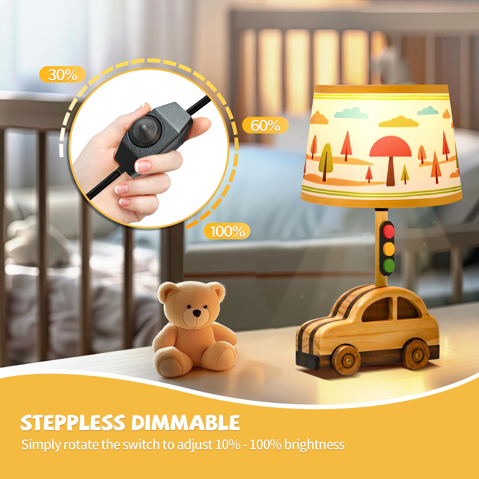 Crossmoon Kids' Dimmable Table Lamp, Ul/Etl Child Safe Natural Wood Car Stoplight Creative Design, 15 Inch Tall Handmade Small Nursery Lamp, For Toddler Boys Girls (Car)