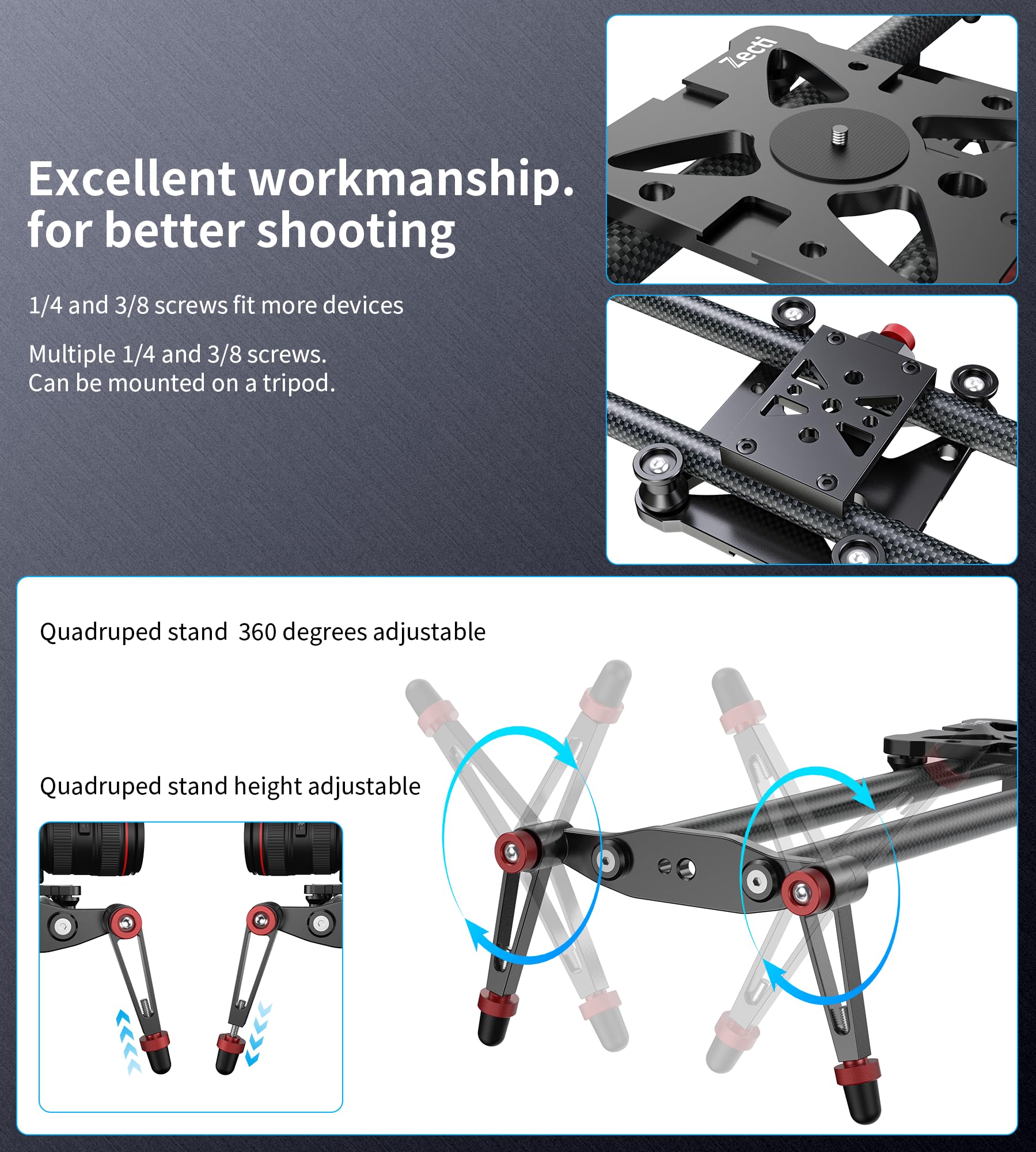 Zecti Camera Slider 16 "/40 Cm Adjustable Carbon Fiber Camera Dolly Track Slider Video Stabilizer Rail For Camera Dslr Video Movie Photography Camcorder Stabili & Phone