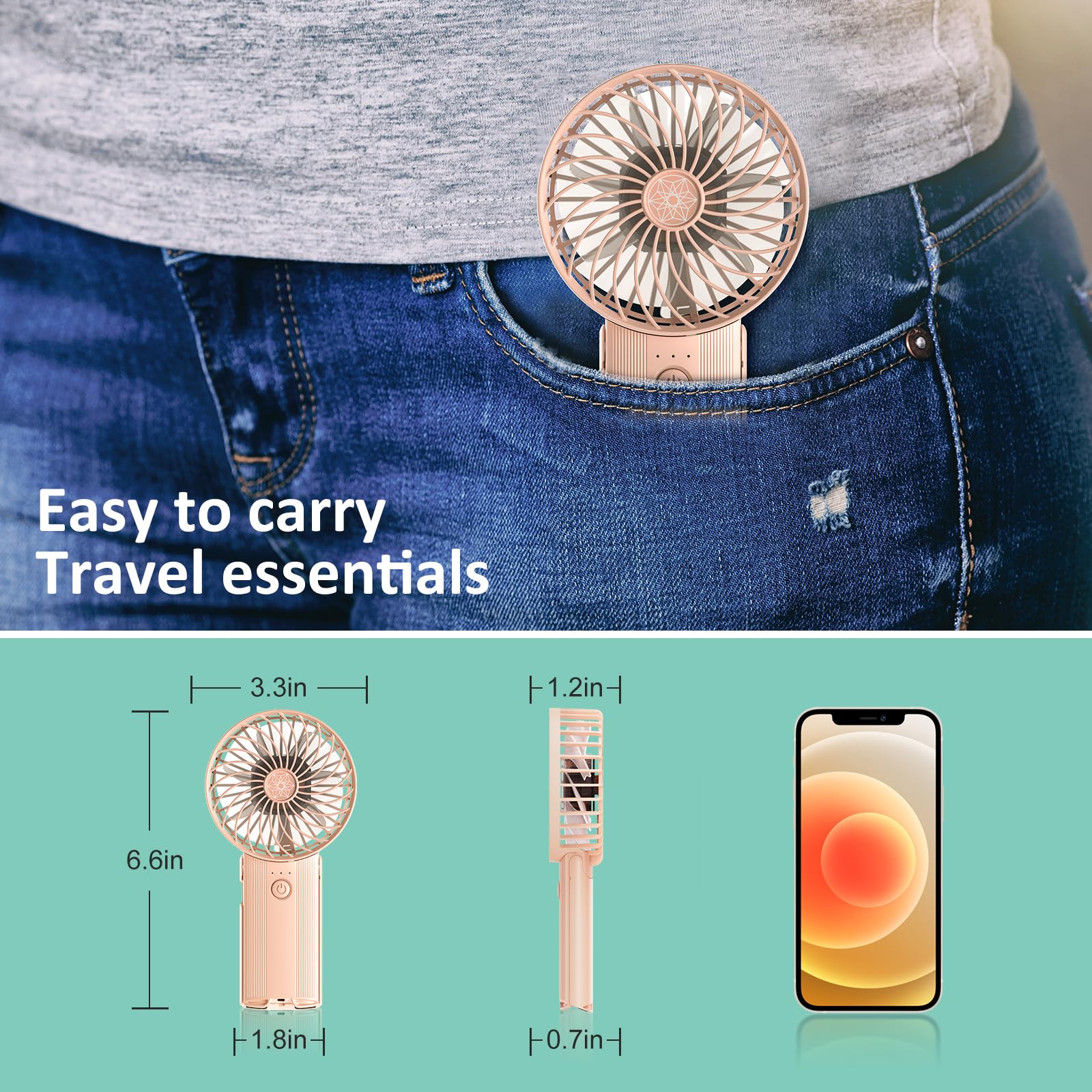 Portable Handheld Fan Pink,Rechargeable Small Personal Fan,15H Max Cooling Time,4 Speeds Battery