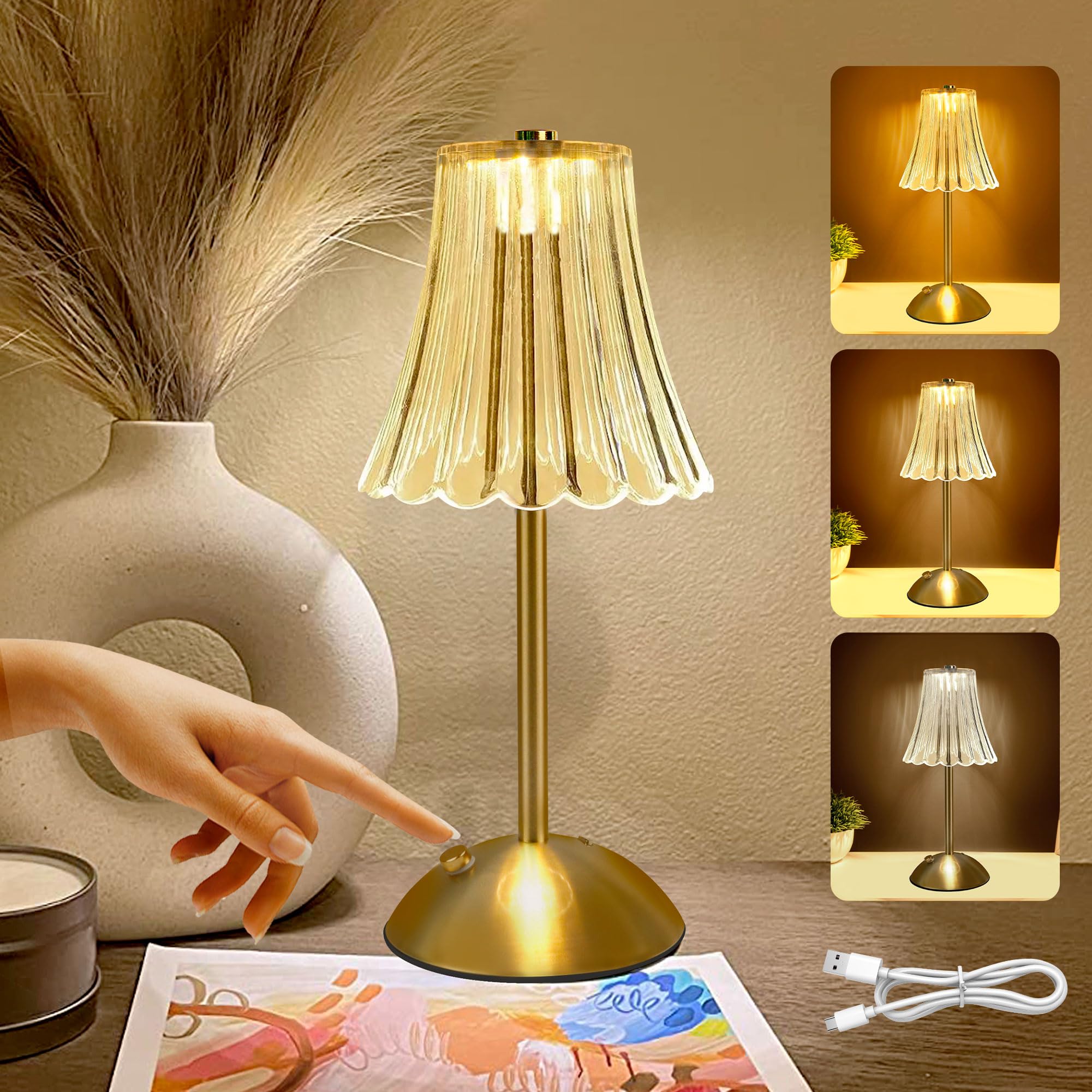 Hulknpe Cordless Table Lamps For Bedroom,Gold Cordless Battery Operated Table Lamp Rechargeable Decorative Bedside Lamps Dimmable Nightstand Lamp Small Usb Touch Crystal Table Lamp,3 Color Led Lamp