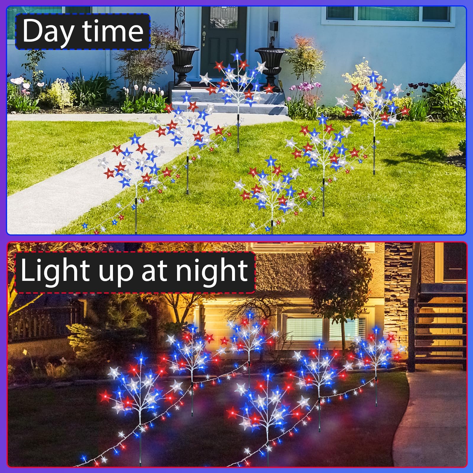 Kenburg 4Th Of July Decorations, 4 Packs Red White And Blue Stars Pathway Lights, 8 Modes Stake Light Patriotic Decor Outdoor Lights For Memorial Day Independence Day Yard Grave Garden Lawn