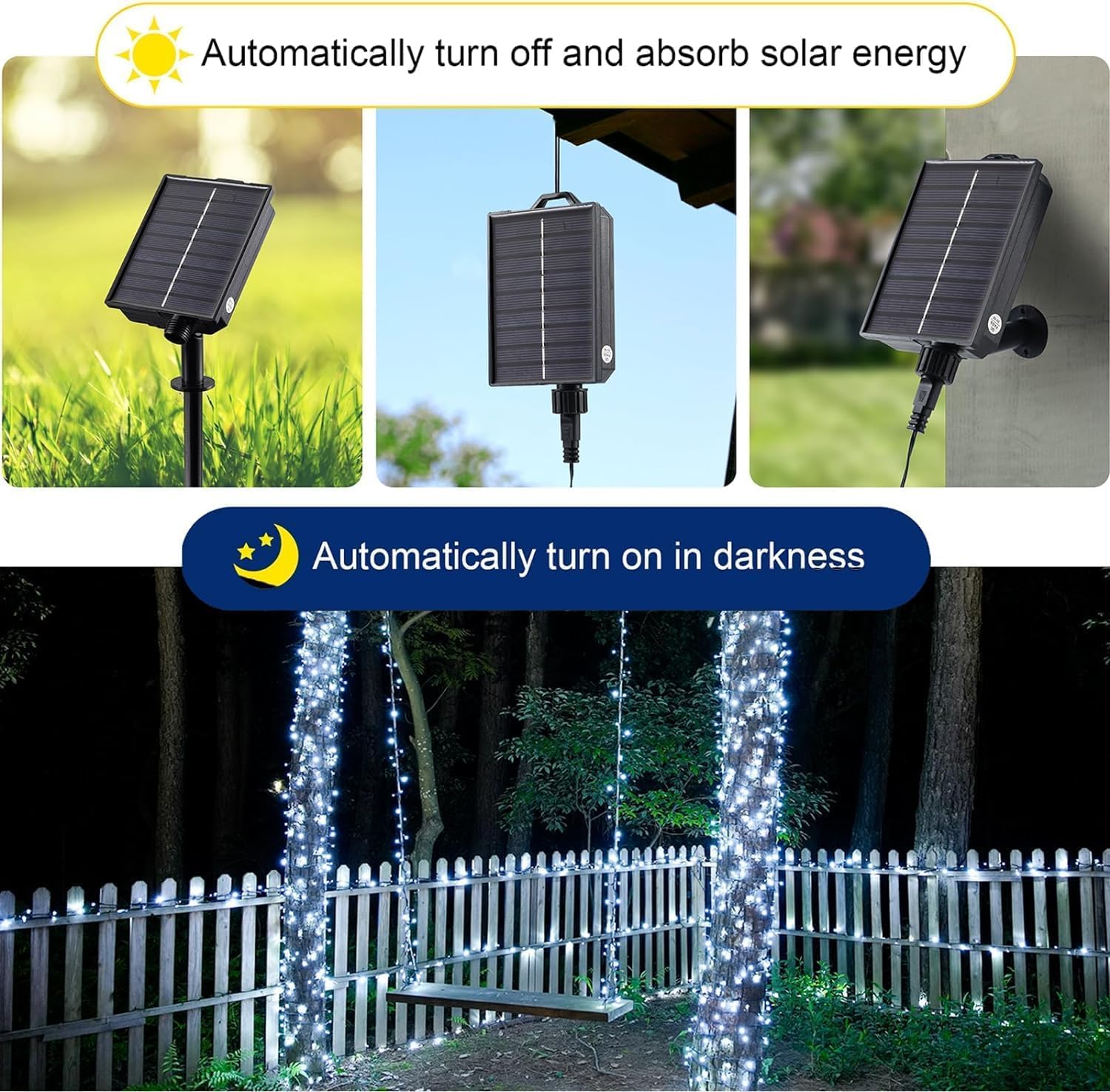 Merrimax M Solar String Lights Outdoor, 33Ft 100 Led Solar Fairy Lights 8 Modes Waterproof Xmas Lights For Garden, Patio, Home, Party, Wedding, Holiday, Tree, Outdoor Decor (White, 1 Pack)
