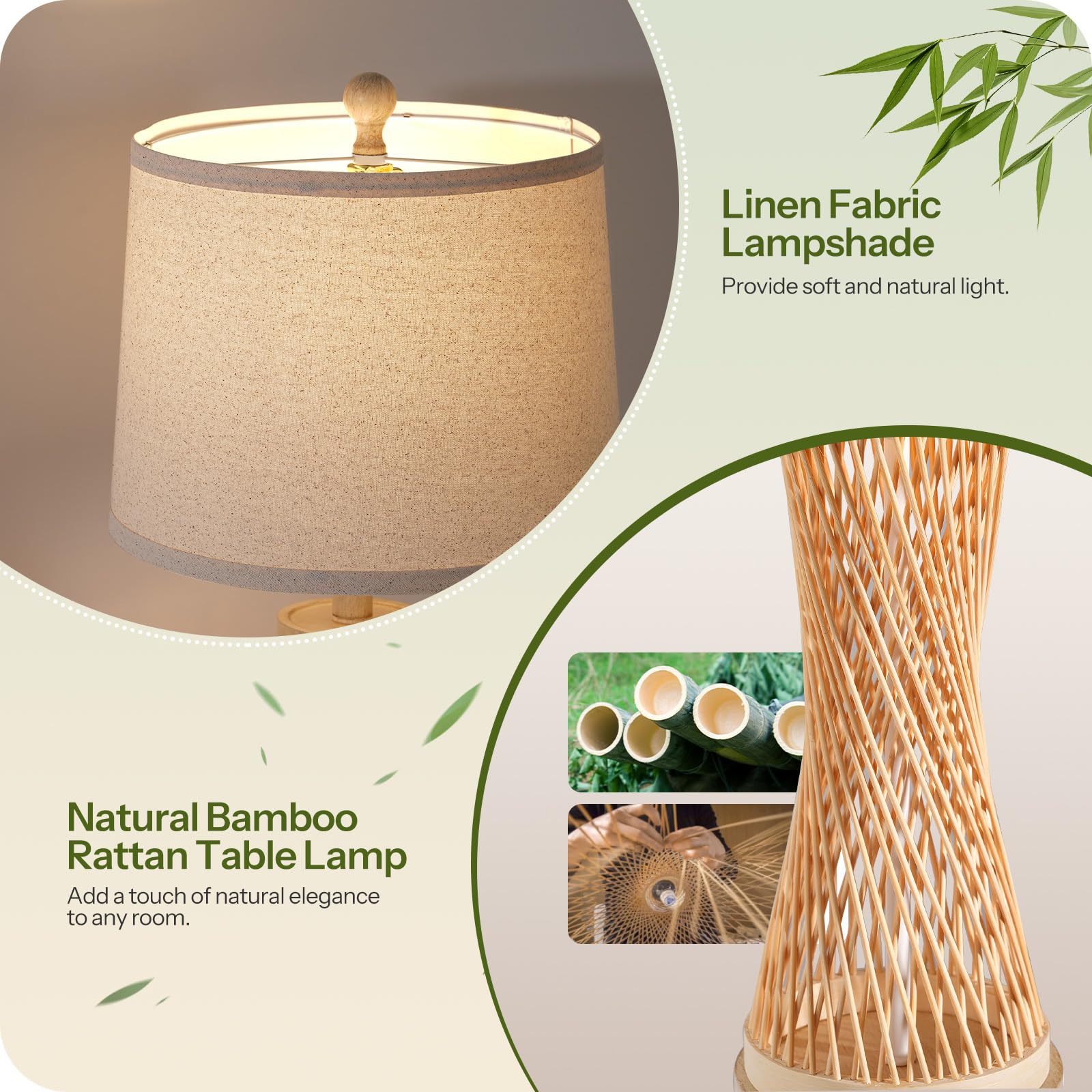 Goebleson 24.4” Farmhouse Rattan Table Lamp, Touch Bedside Lamp For Bedroom With 3-Way Dimmable Night Light, Usb A+C Charging Ports, Bamboo Boho Nightstand Lamp With Cream Linen Shade (Bulbs Included)