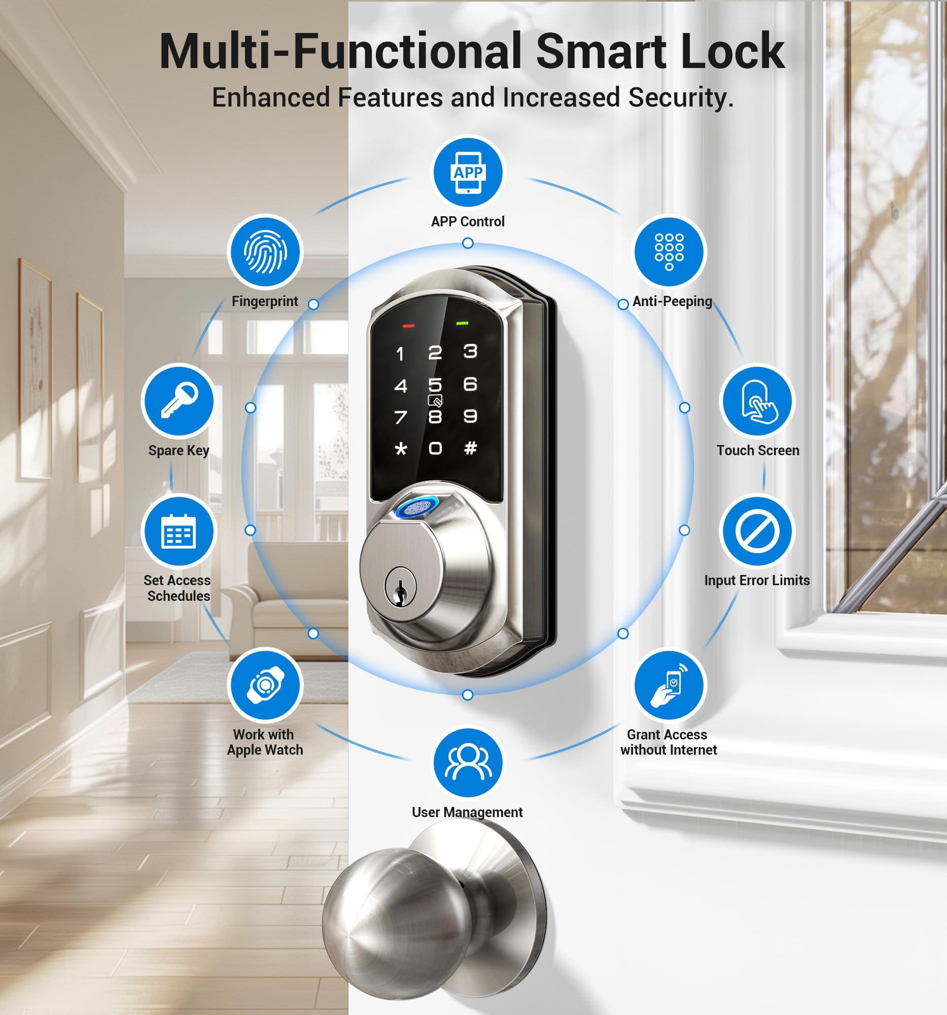 Veise Ve07 Fingerprint Smart Lock For Front Door, 7-In-1 Keyless Entry Deadbolt With App Control, Electronic Digital Locks With Touchscreen Keypad, Auto Lock, Easy Install, Waterproof, Satin Nickel