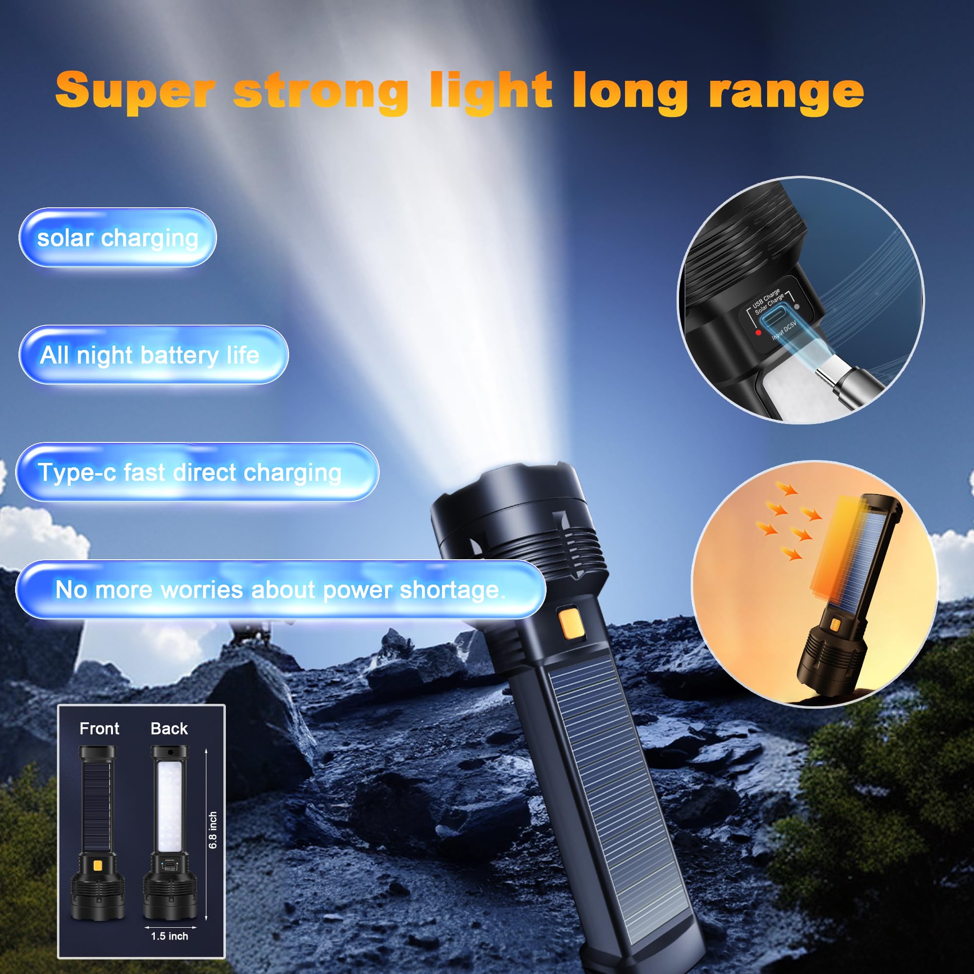 Mllnfue 2Pcs Solar Flashlight Rechargeable 1500 Lumen Led Flashlight With Emergency Strobe And 2000 Mah Battery With Fast Usb Charging For Emergency, Camping