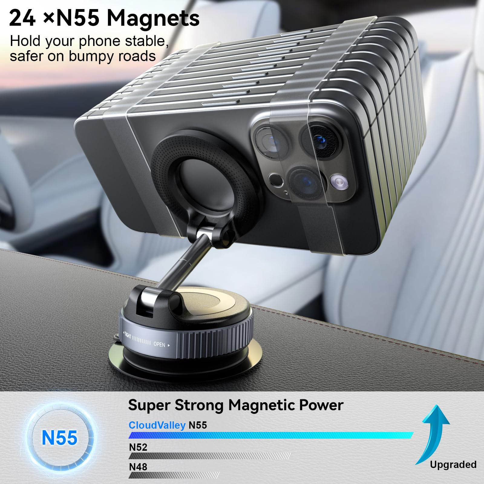 Cloudvalley Magnetic Car Phone Mount, [Compatible With Magsafe] 360° Adjustable Foldable Holder For Dashboard, 80Lbs Suction & 2800Gf Magnet, Car Accessories For Iphone 16 Pro Max 15 14, Black