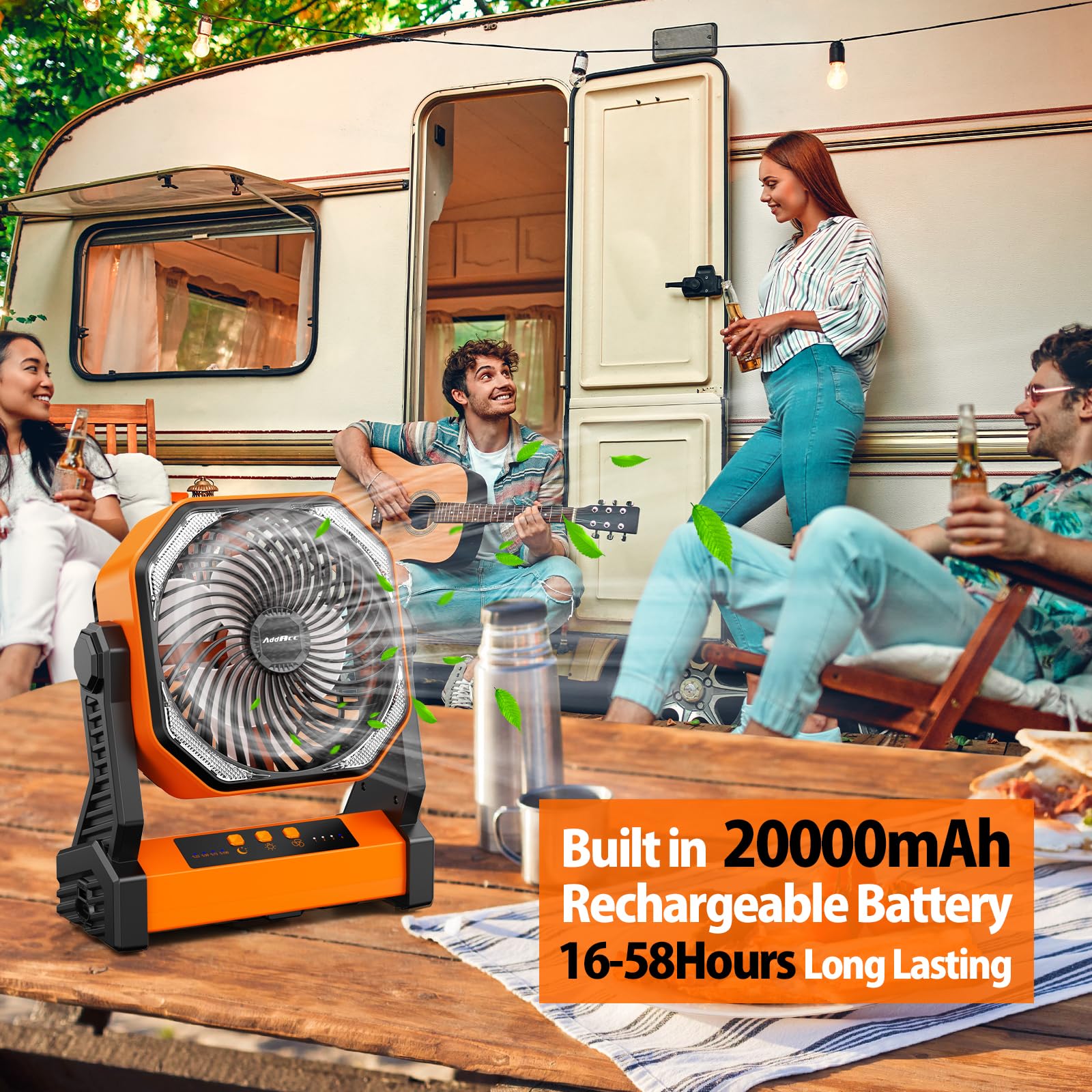 Rechargeable fan with 20000mAh battery and built-in light perfect for nighttime camping Koospark