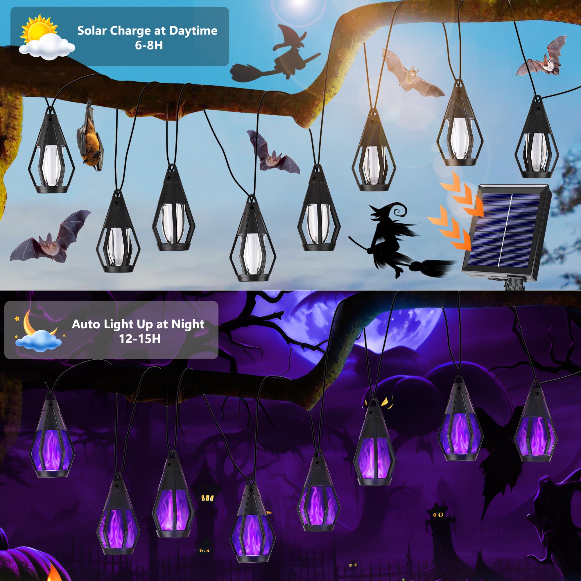 Jnaurb Solar Halloween Lights Outdoor, 13Ft Outdoor String Lights With 10 Flickering Flame Bulb, Waterproof Solar Powered Purple Halloween Lights Led Flame Lights For Halloween Decorations Yard Patio Garden
