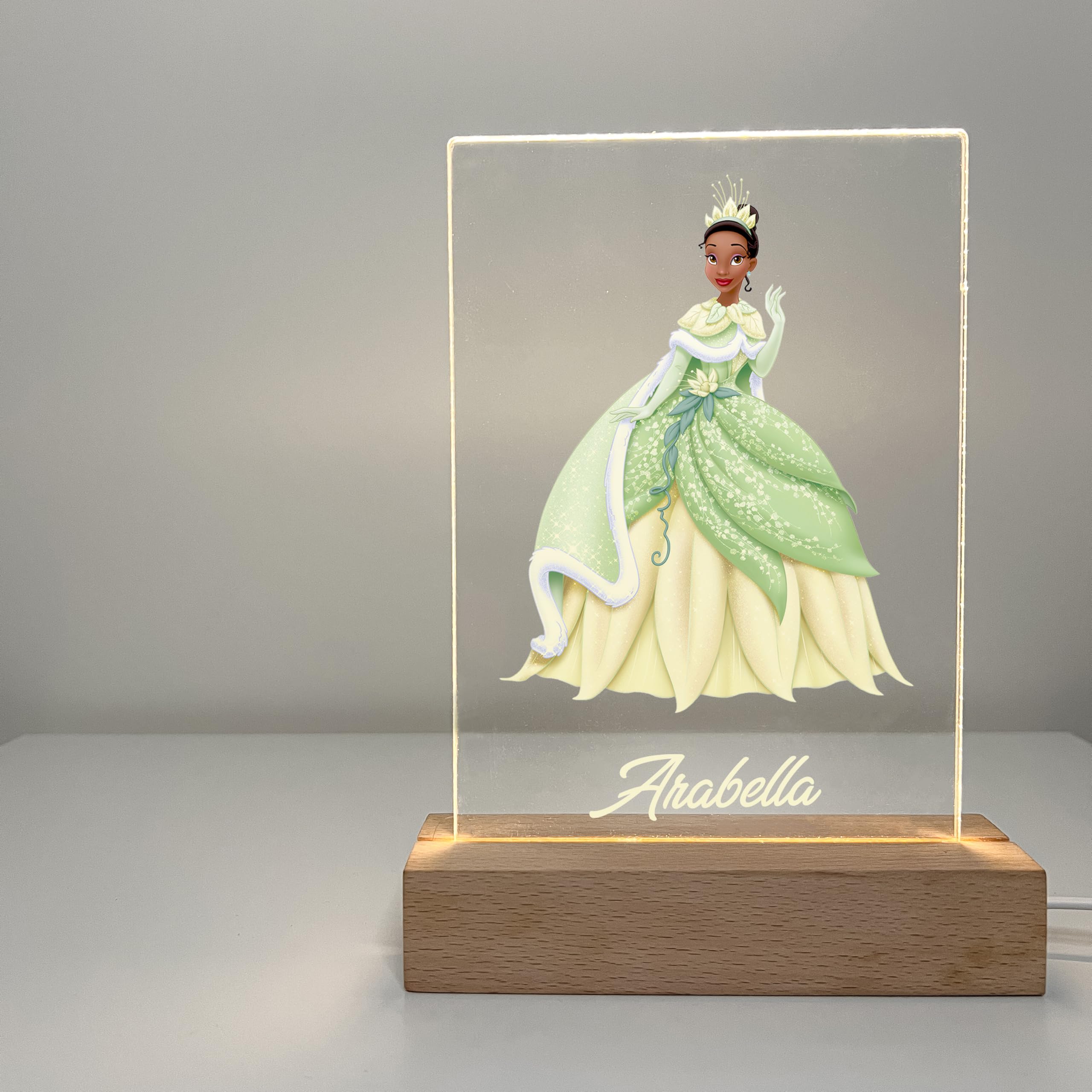 Mirror Mania Tiana Frog Premium Wood Base Stand Soft Night Light Up Table Desk Lamp Led Princess Sign Personalized Engraved With Your Name On It, Made To Order Home Girls Room Decor, A Must Have