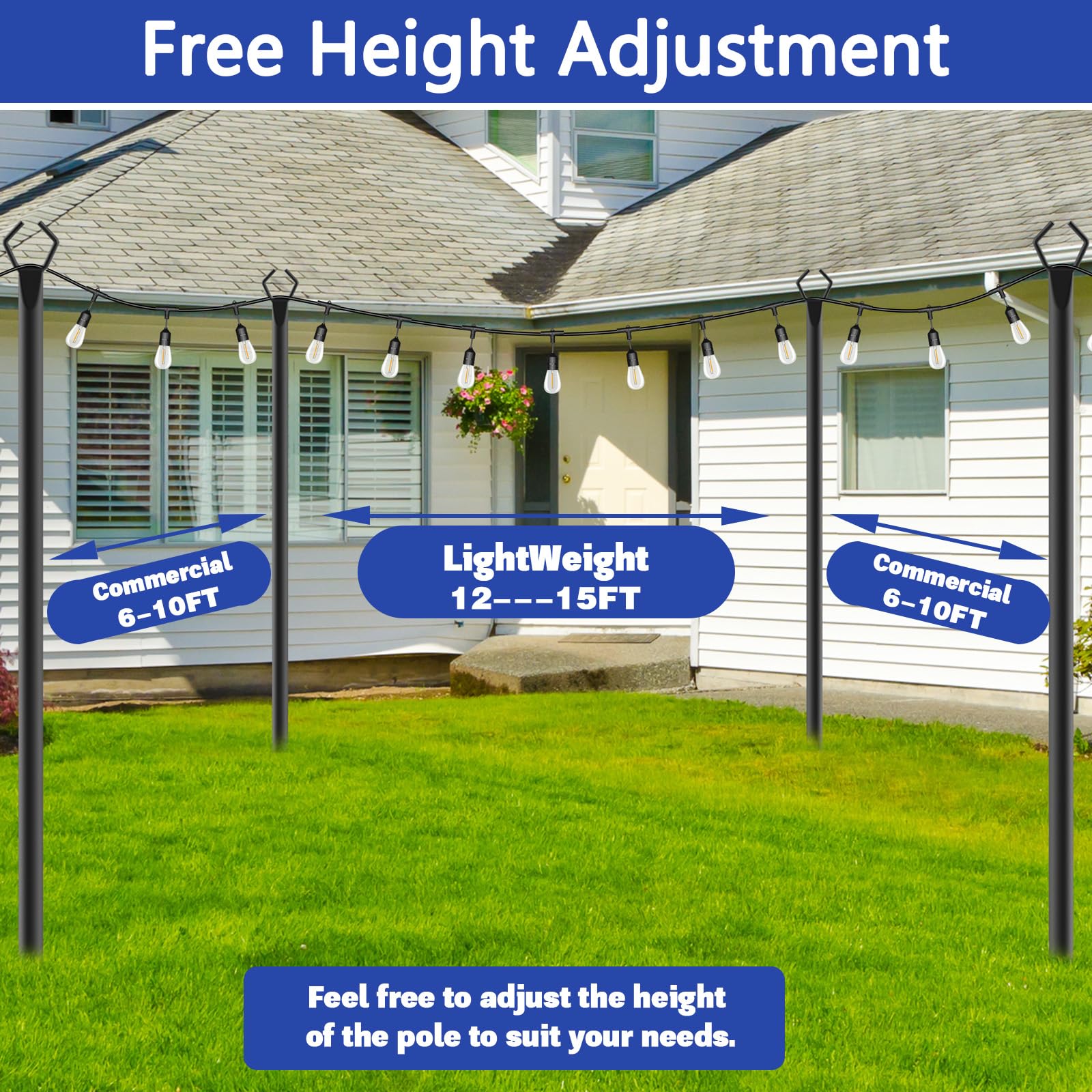 Talkhigh 6 Pack 10 Ft Heavy Duty Metal String Light Poles Adjustable Outdoor Lighting Stand For Patio,Backyard,Garden,Party & Wedding Rustproof & Sturdy With Hooks