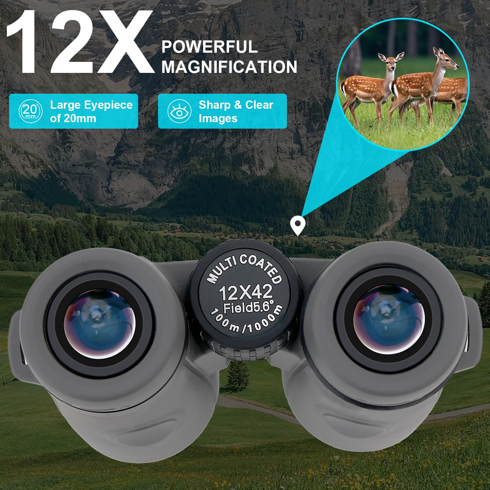Upcheirna 12X42 Binoculars For Adults High Powered -Compact Travel Hd Binoculars With Phone Adapter,Low Light Night Vision, Bird Watching, Hunting, Lightweight Binoculares，Durable Gray Bino