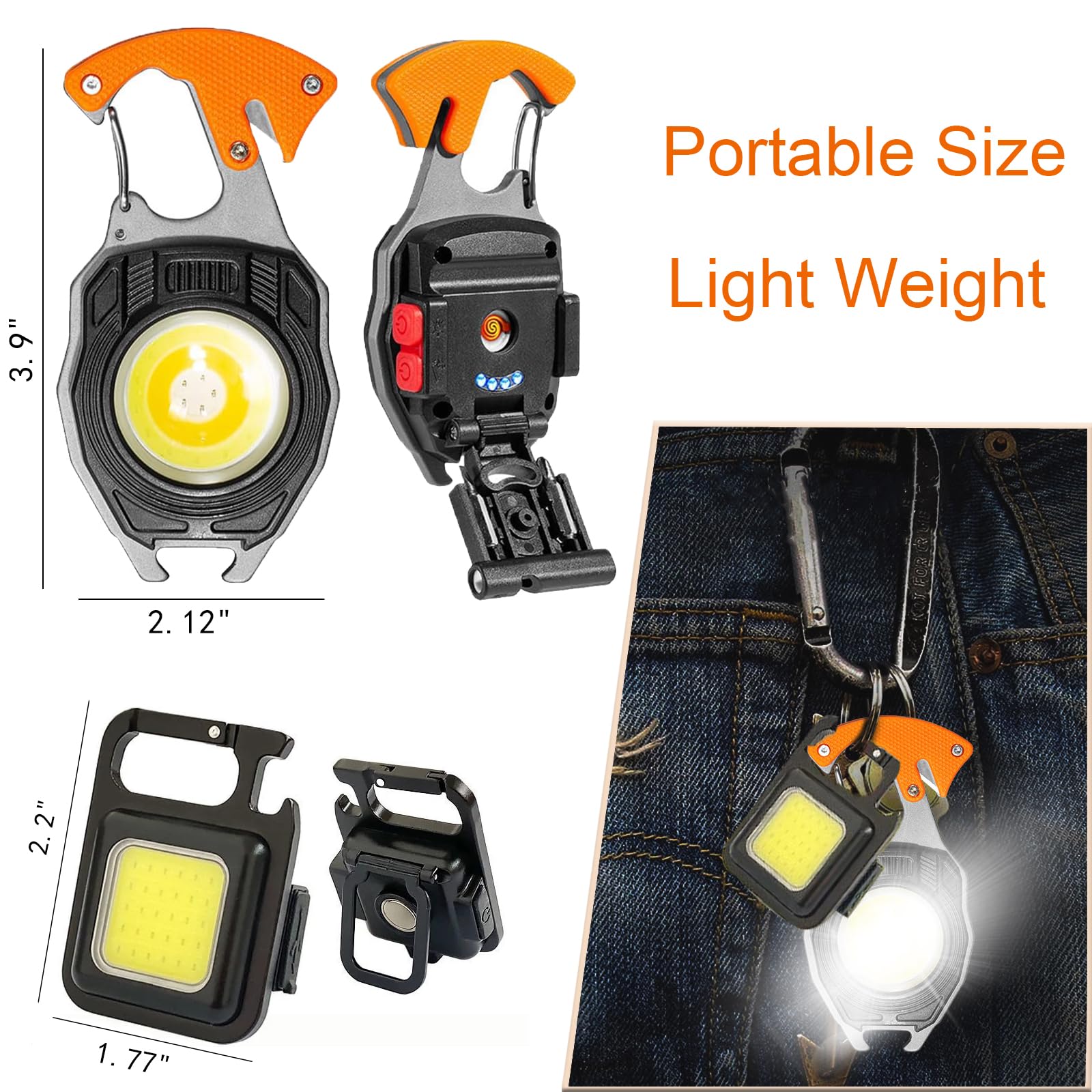 Goioj 2Pcs 6 In 1 Cob Keychain Mini Work Light Flashlight Multifunction Portable Pocket 500 Lumens Flashlight With Electric Lighter, Seat Belt Cutter, Screwdriver, Whistle (Orange)
