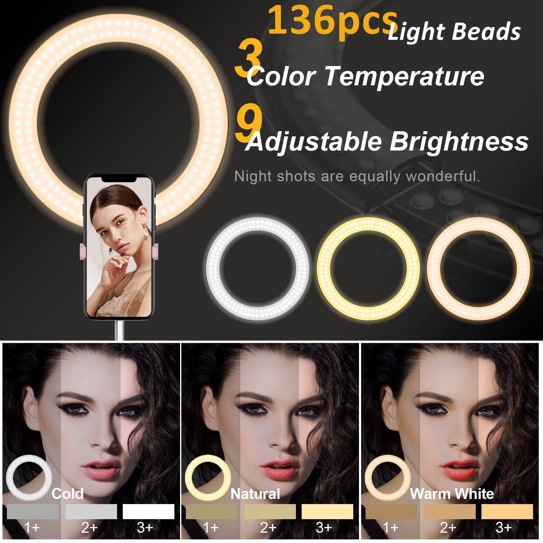 Iyesku 10" Selfie Ring Light With 76" Tripod Stand And Phone Holder, Portable Travel Led Tripod Ring Light Ringlights With Stand Cordless For Iphone Tiktok Makeup Video Recording, Pink