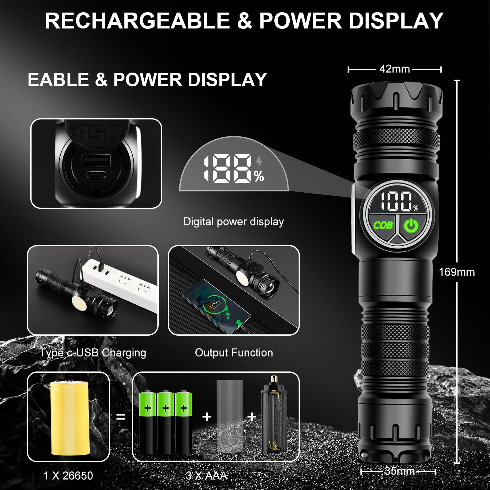 Iodoo 4 In 1 Rechargeable 6500K / 395Nm Uv Flashlight Dimming Stepless True 5000 Lumens Ip45 Zoomable Beam Uv Light, 5000Mah Zoomable Beam Led Flash Light With Magnet Power Failure