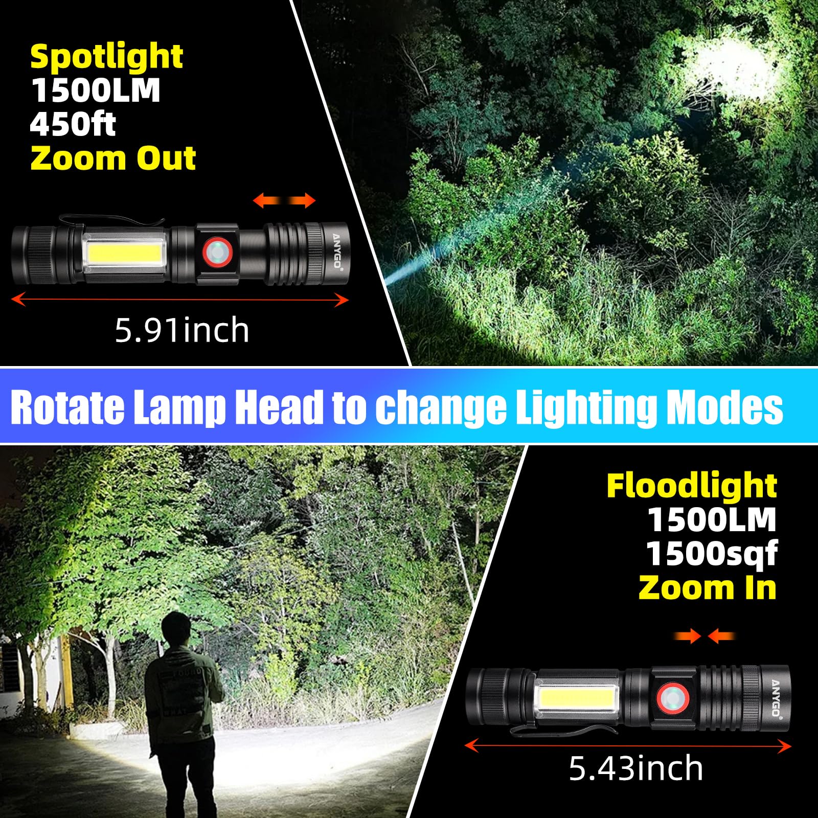 Anygo Rechargeable Usb Magnetic Led Flashlight High Lumens With Cob Sidelight, 1500Lm, Ip65 Waterproof, 4 Modes, Zoomable Linterna For Car, Camping, Repair And Emergence（2-Pack）