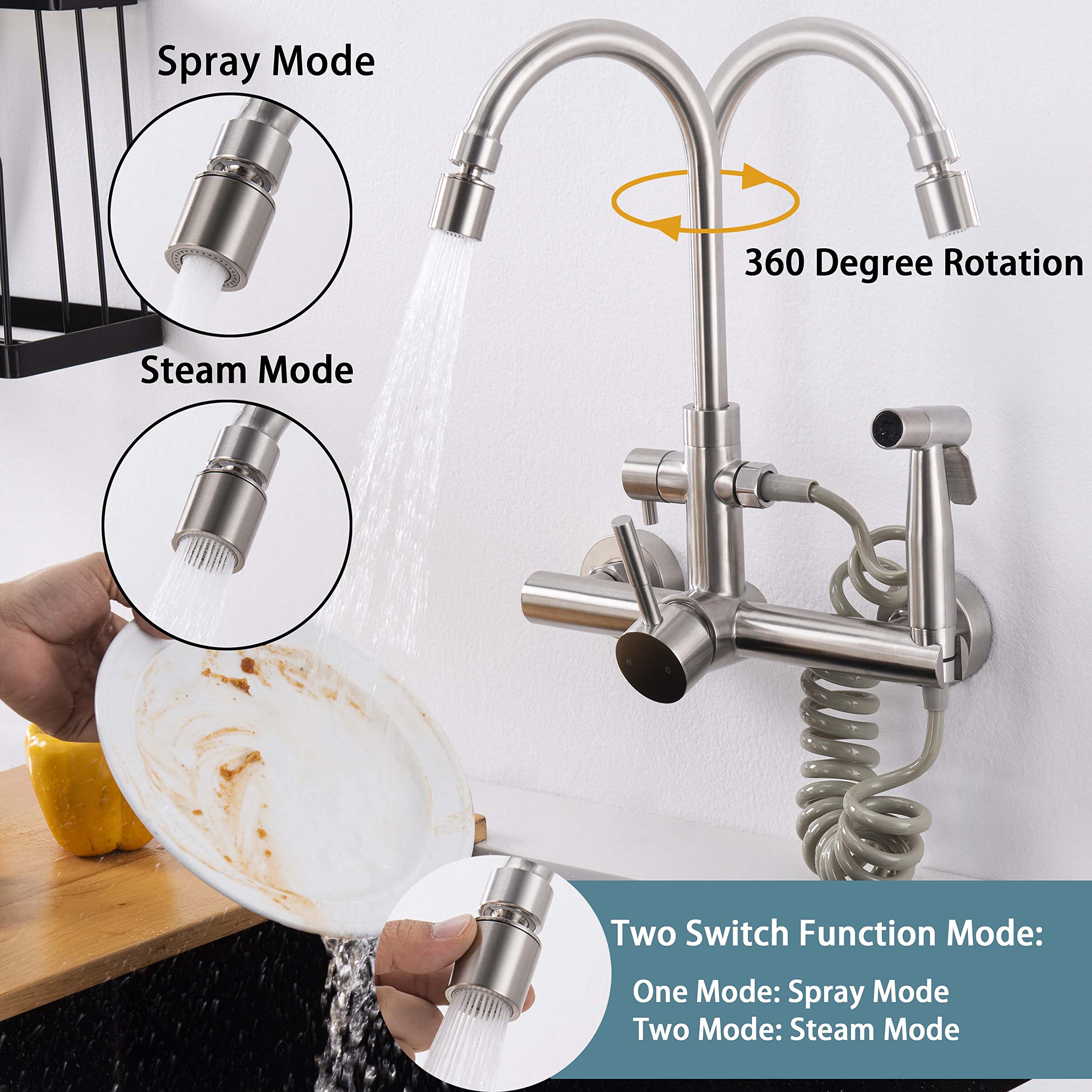 Vosomgssa Brushed Nickel Wall Mount Kitchen Faucet - 8 Inch, Swivel Spout, Spray & 2 Water Jets