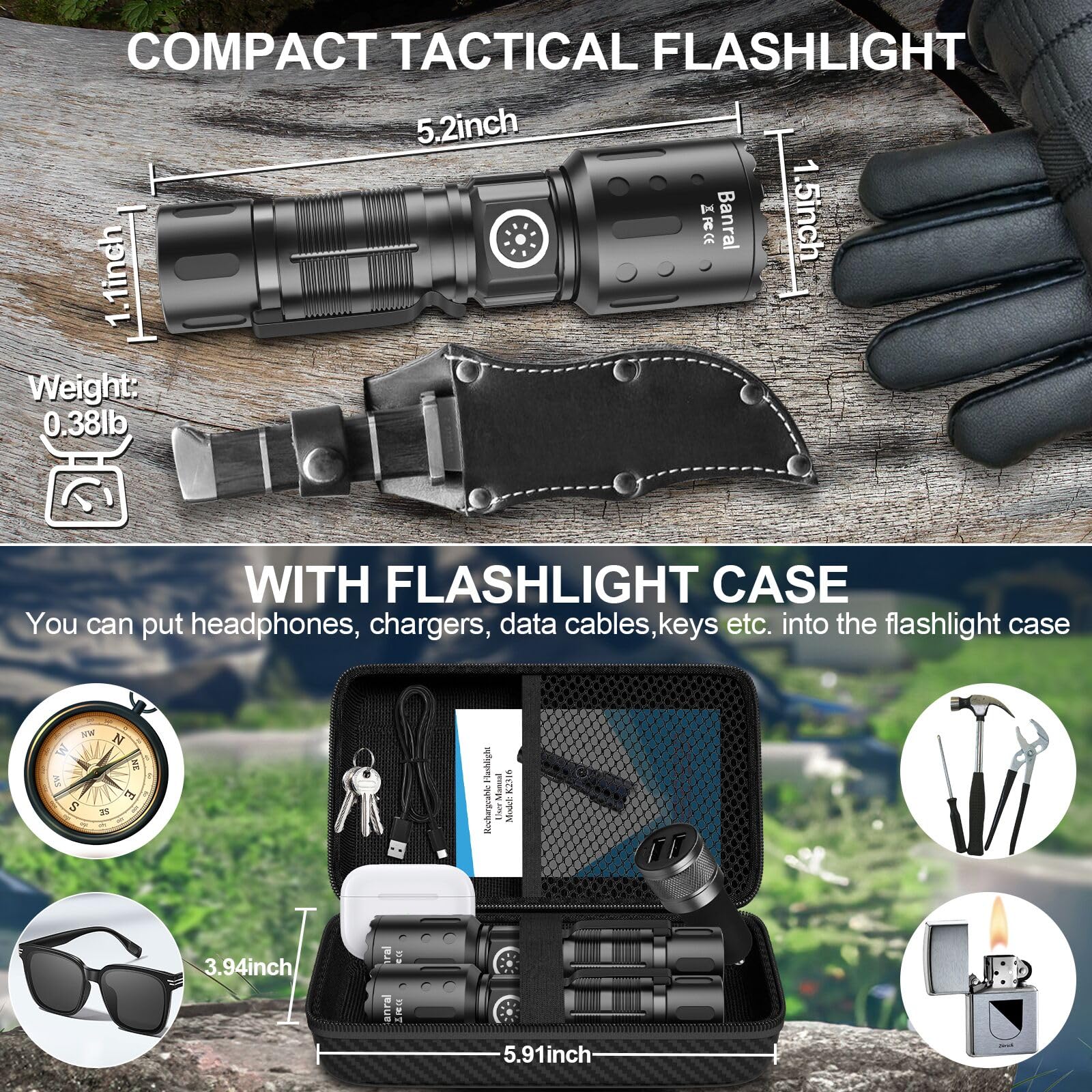 Banral Rechargeable Flashlights 20,000 High Lumens, 1500M Long Throw Super Bright Led Small Powerful Tactical Flashlight With Memory Function, 6Modes Pocket Waterproof Flash Light For Camping,Emergency
