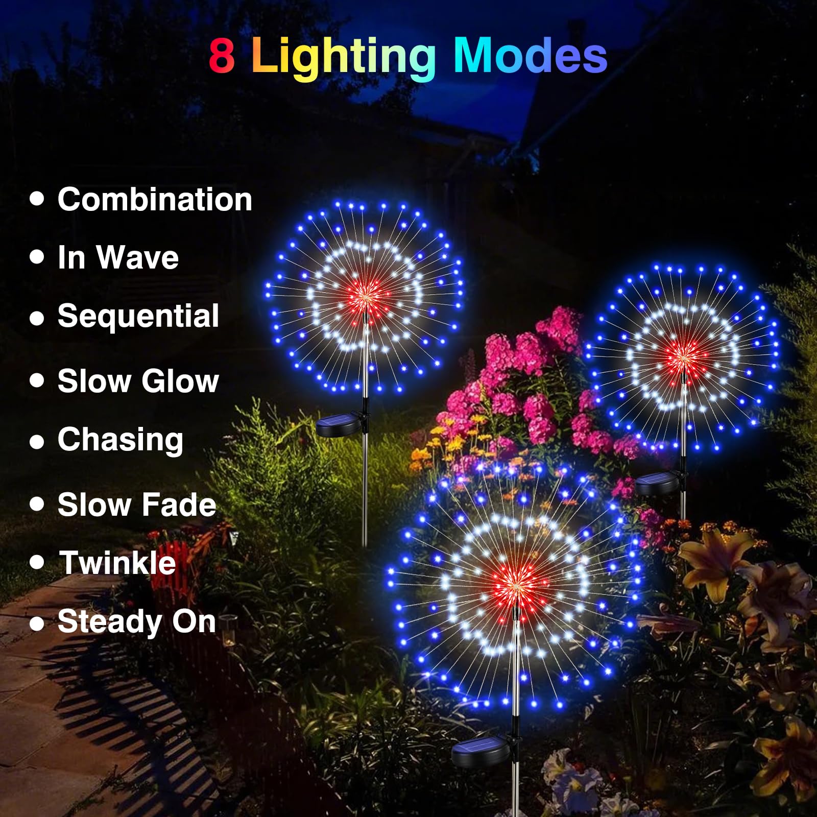 Lewondr 4Th Of July Firework Solar Garden Lights, Red Blue White Solar Firework Lights With 120 Led 2 Lighting Modes, Outdoor Waterproof Yard Lighting For Independence Day Memorial Day Decor, 4 Pack