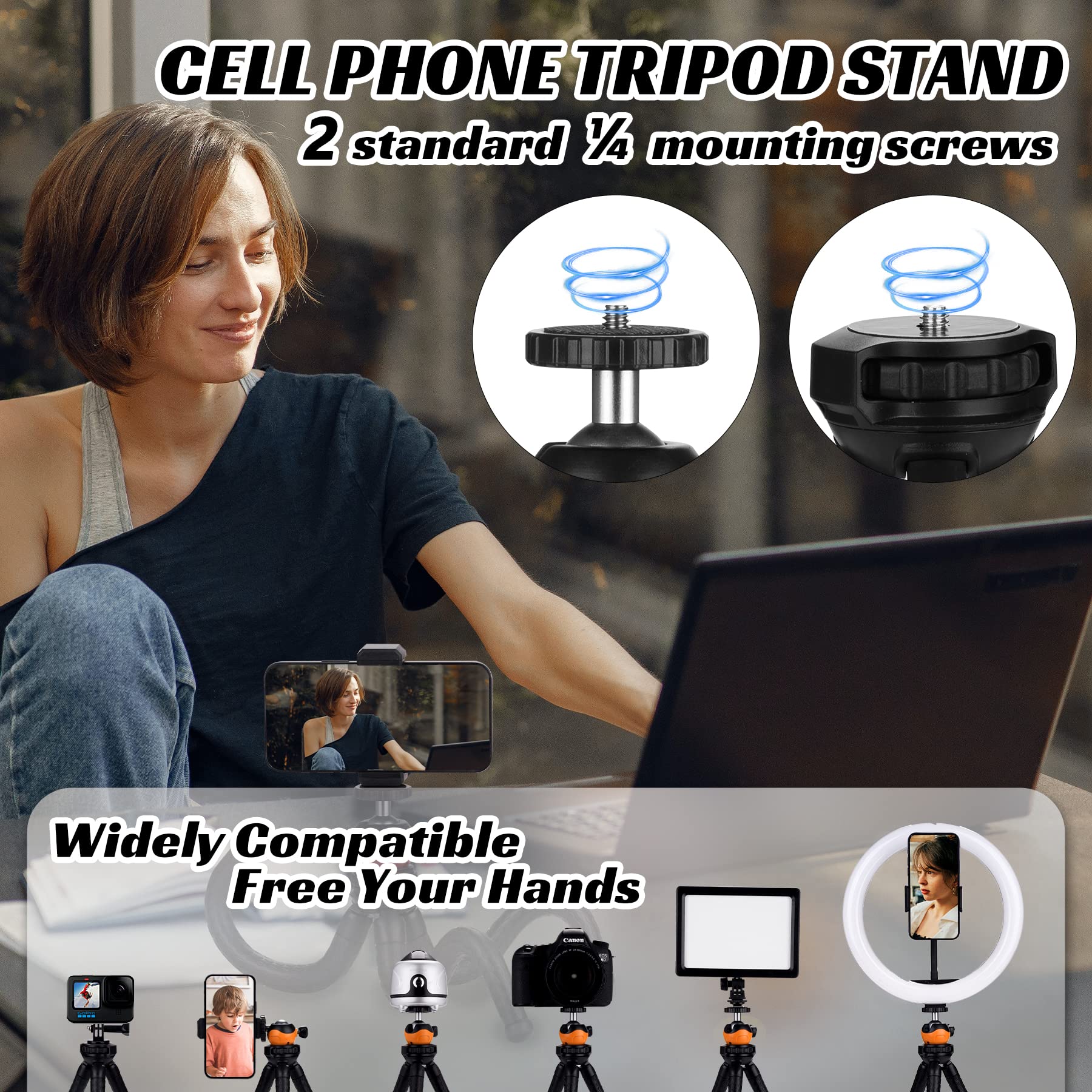 Phosnova Cell Phone Tripod Stand, Portable Flexible Tripod For Iphone With Wireless Remote, Camera Tripod, Double 360°Rotation Adjustable Mini Tripod For Iphone/Android/Gopro/Ipad/Dslr, Orange