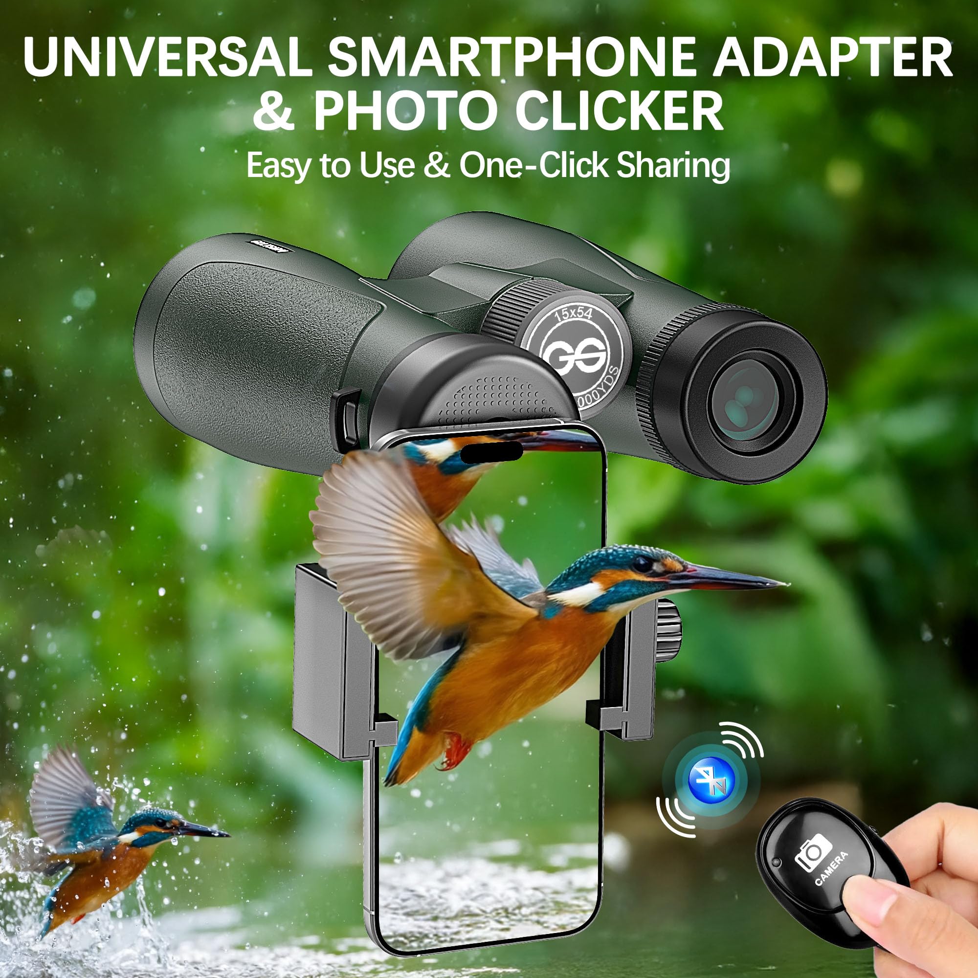 Gllysion 15X54 Binoculars For Adults High Powered With Harness, Phone Adapter And Bluetooth Camera Remote - Super Bright Waterproof Binoculars For Bird Watching Hiking Cruise Travel Stargazing