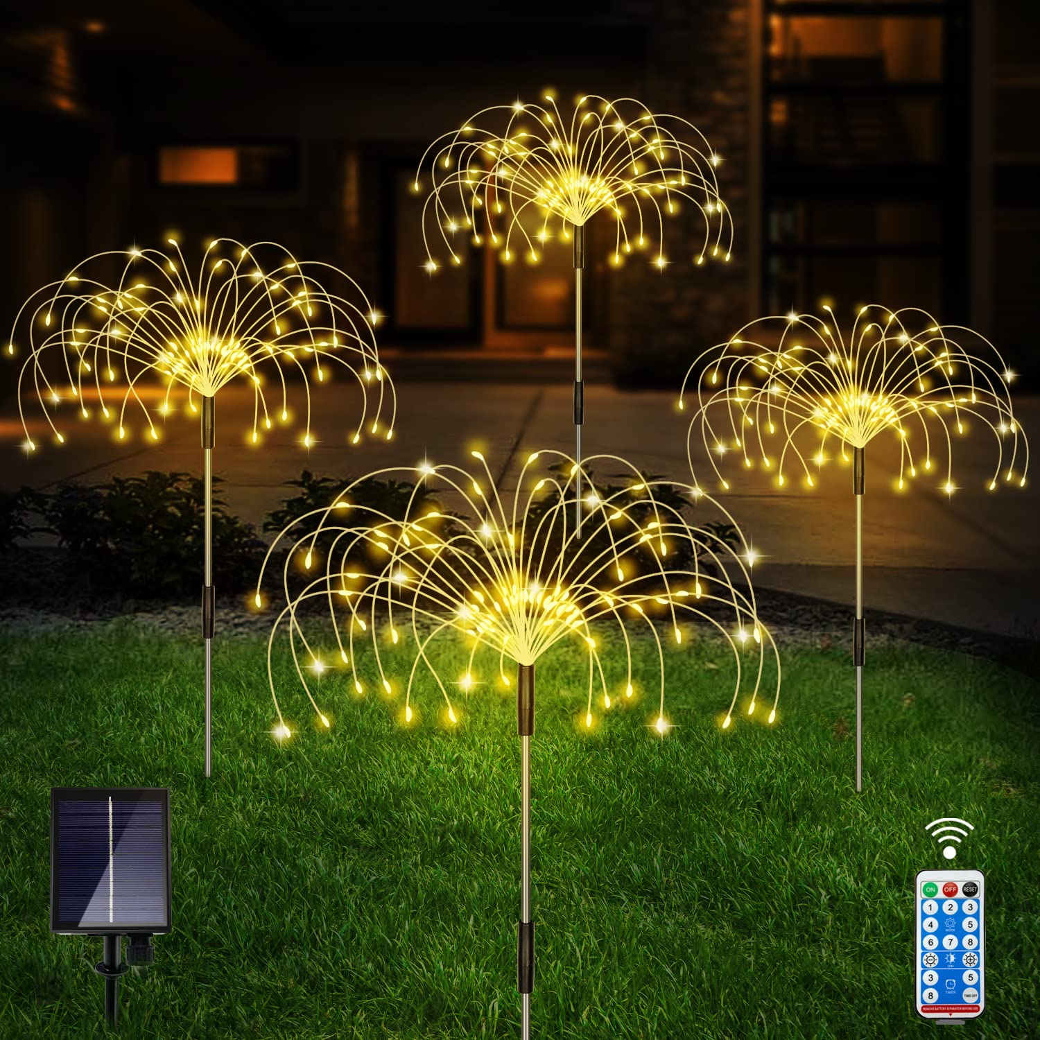 Unihoh Solar Outdoor Warm White Garden Lights, 4 Pack Firework With 120 Led Starburst String 8 Modes Fairy With Remote, For Wedding Christmas, Lawn Backyard Party Patio Decoration