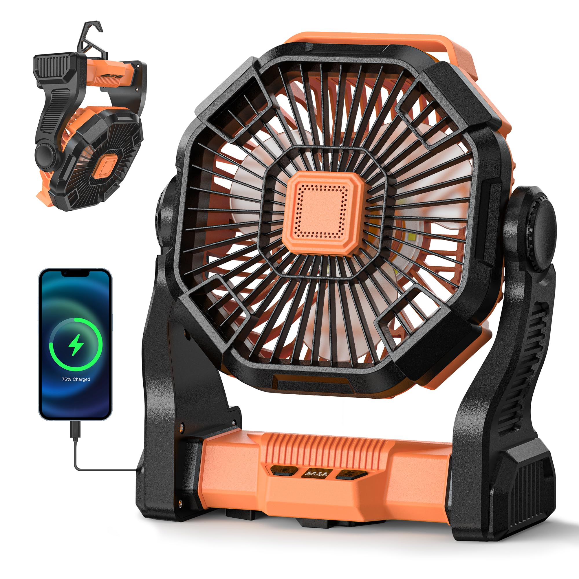 12000mAh battery-powered camping fan, portable and rechargeable with light, perfect for outdoor use