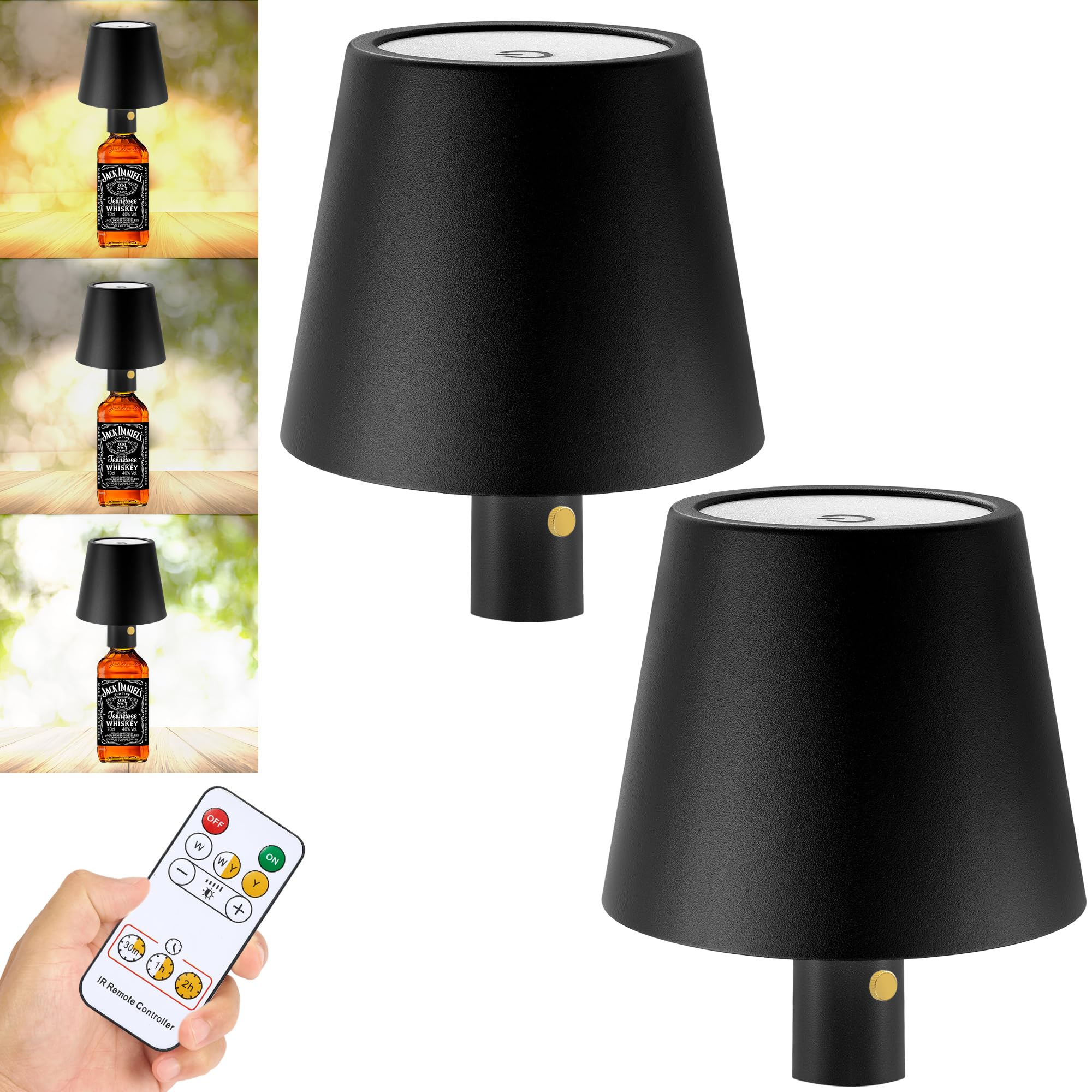 Turnerlite Bottle Lamp, Wireless Wine Bottle Lights With Remote 3 Color Temperature Wine Light Built-In 5000Mah Rechargeable Battery Cordless Liquor Lamp, Ip54 Desk Lights For Bar Bedside Home(Black,2Pack)