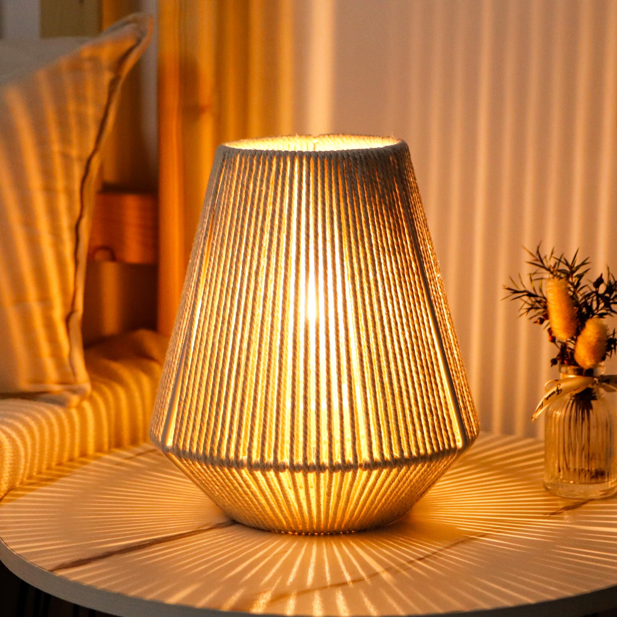 Jhy Design Woven Lampshade Table Lamp 8" H Cotton Rope Bedside Light‌ Cordless Decorative Battery Operated Lamp With 6 Hours Timer For Bedroom Living Room Weddings Parties Patio Events