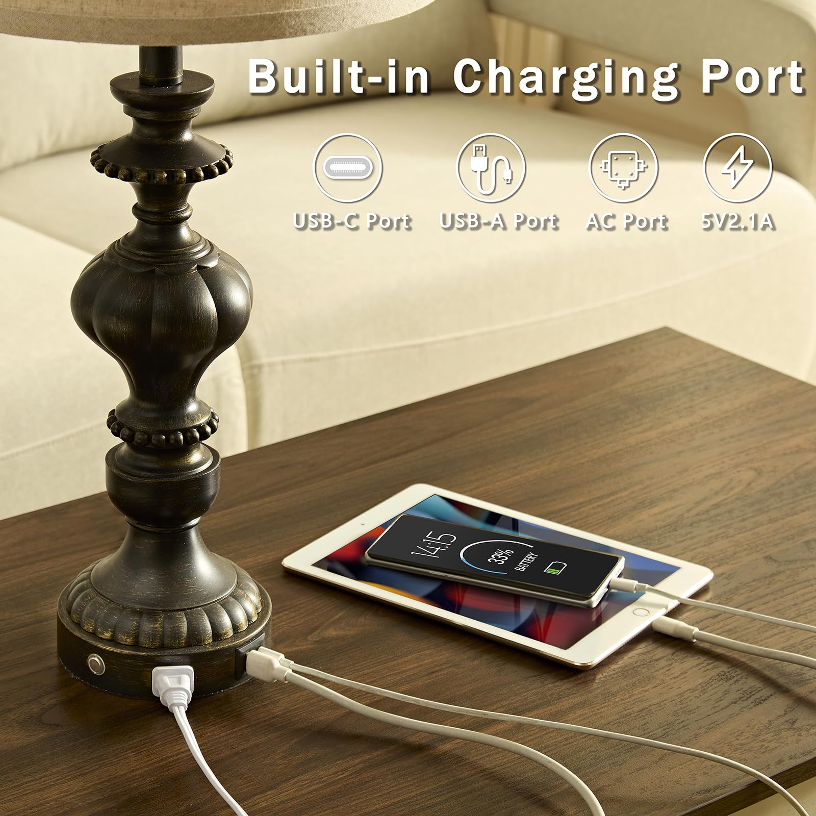 Saiweya 27.5" Farmhouse Table Lamps Set Of 2 Bedside Lamp With Usb C+A Ports & Ac Outlet, 3 Way Dimmable Touch Lamps For Living Room Bedroom Office Hallway Rustic Nightstand Traditional Lamp