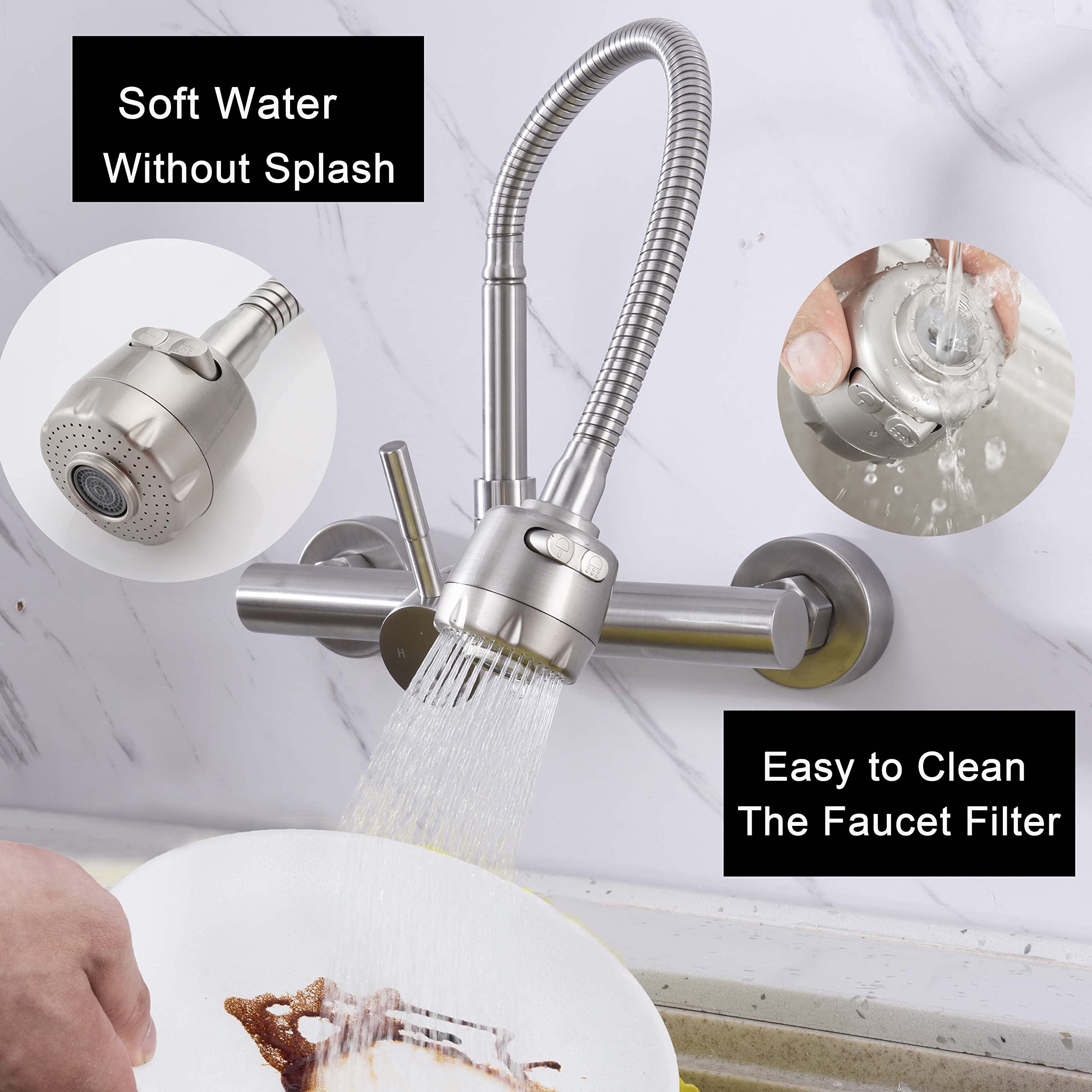 Hosilova Wall Mount Kitchen Faucet One Handle 8" Inch Center Commercial Sink Faucet With Stainless Steel Constructed Brushed Nickel Finish Commercial Kitchen Sink Faucet
