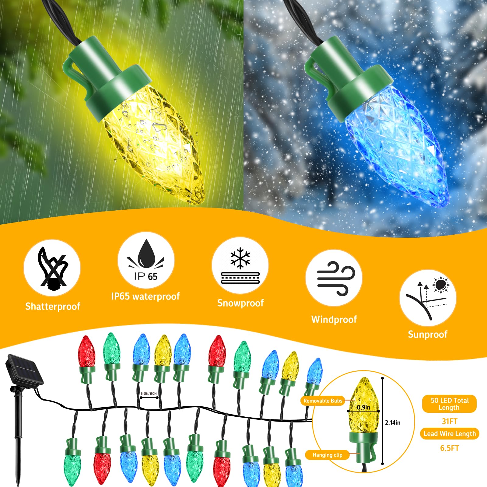 Ponyotop Solar Outdoor Christmas Lights C7 31Ft 50 Led Colourful Strawberry String Lights Green Wire Solar Garden Lights For Christmas Tree Yard Patio Window Railing Camping Decoration