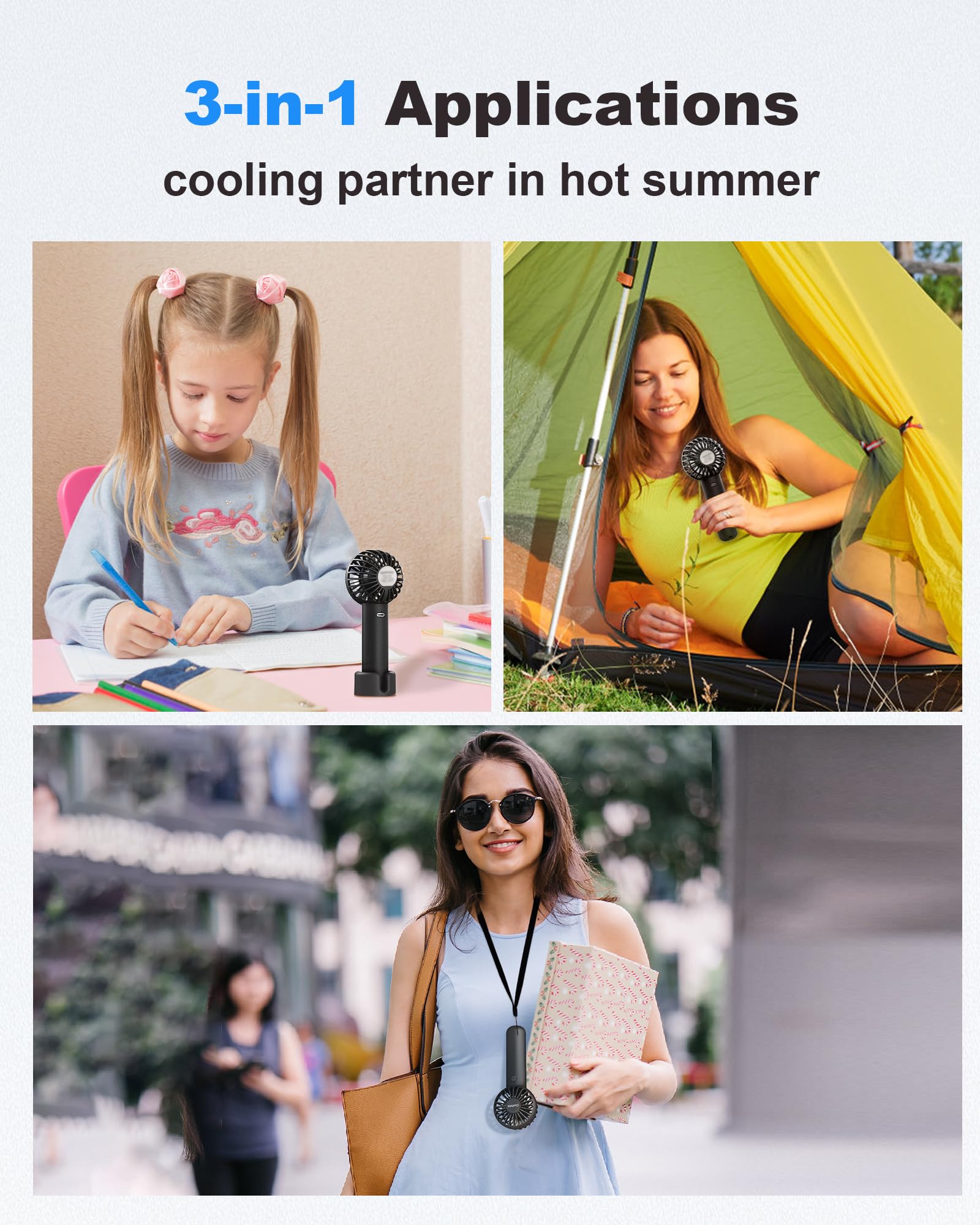 Portable handheld fans in pink and black with powerful cooling performance Koospark