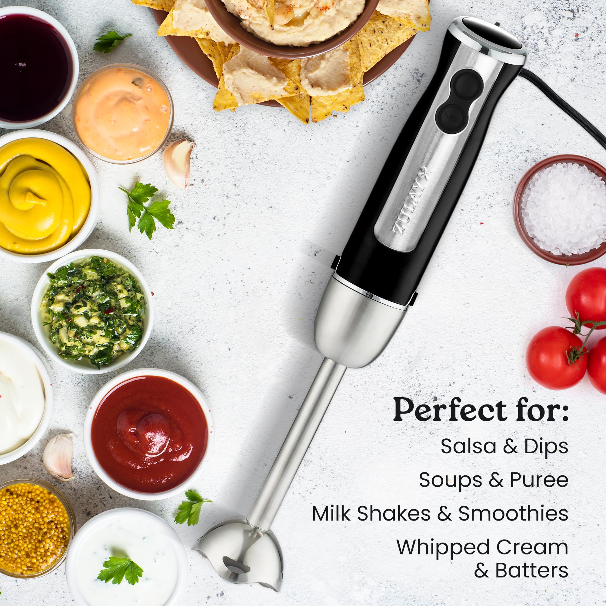 Zulay Kitchen Zulay Immersion Stick Mixer Hand Blender 800 Watts, Turbo Mode, 5-Ft Power Electric Cord, Handheld Portable, Stainless Steel Blades For Effortless Blending Smoothie, Soup, Baby Food, Puree Black