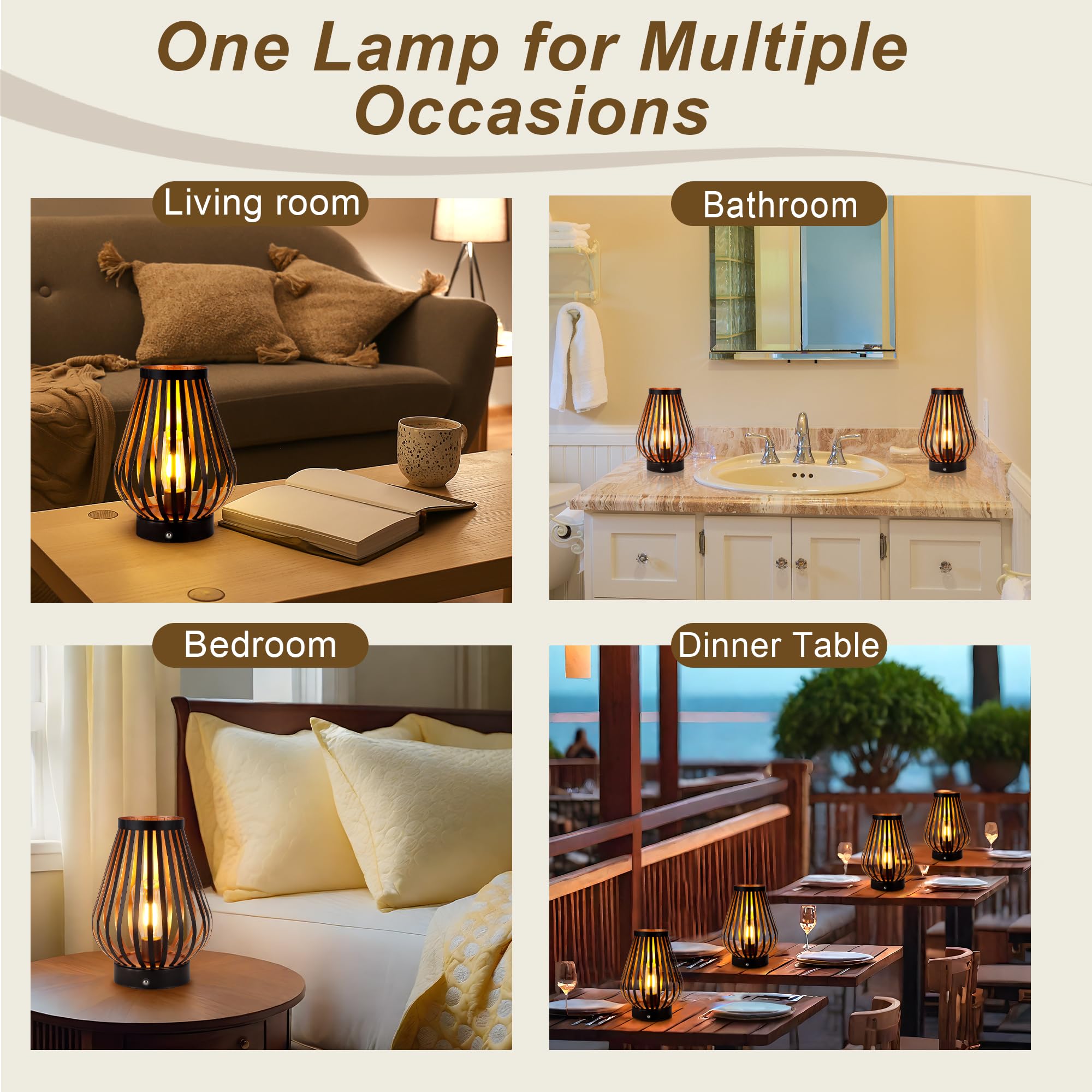 Jhy Design Dimmable Touch Bedside Table Lamp 8.5''H Rechargeable Metal Cage Lantern With Led Edison Style Bulb Cordless Accent Lamp For Weddings Parties Patio Events For Indoors Outdoors
