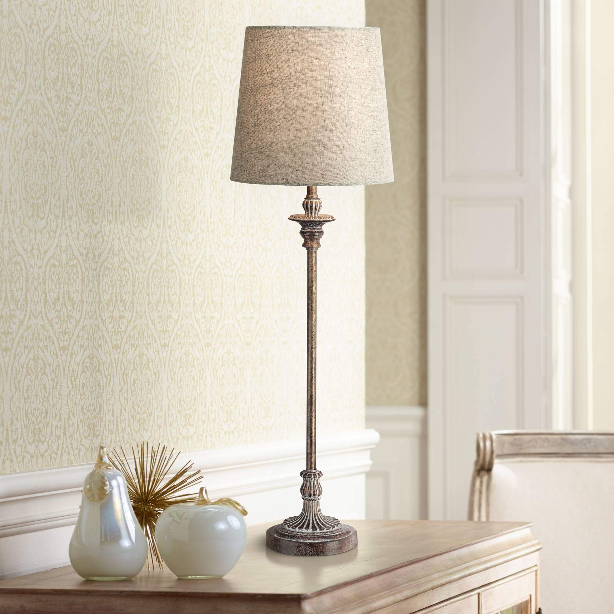 Regency Hill Bentley Traditional French Country Buffet Table Lamp 31.5" Tall Skinny Rustic Weathered Distressed Brown Linen Fabric Tapered Drum Shade Decor For Living Room House Entryway