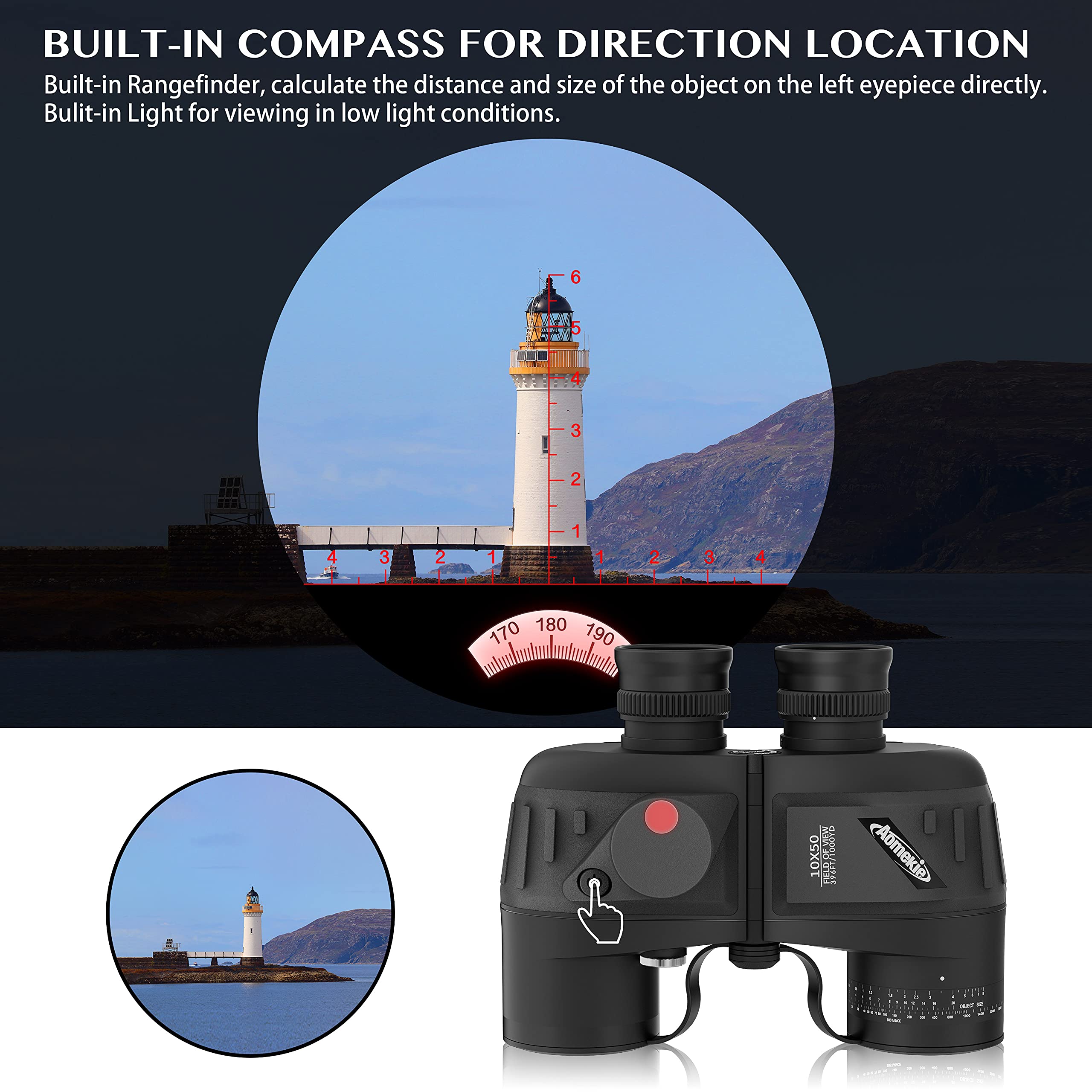 Aomekie 10X50 Binoculars For Adults Marine Military Binoculars Waterproof With Rangefinder Compass Bak4 Prism Fmc Lens For Birdwatching Hunting Boating (10X50 Black)